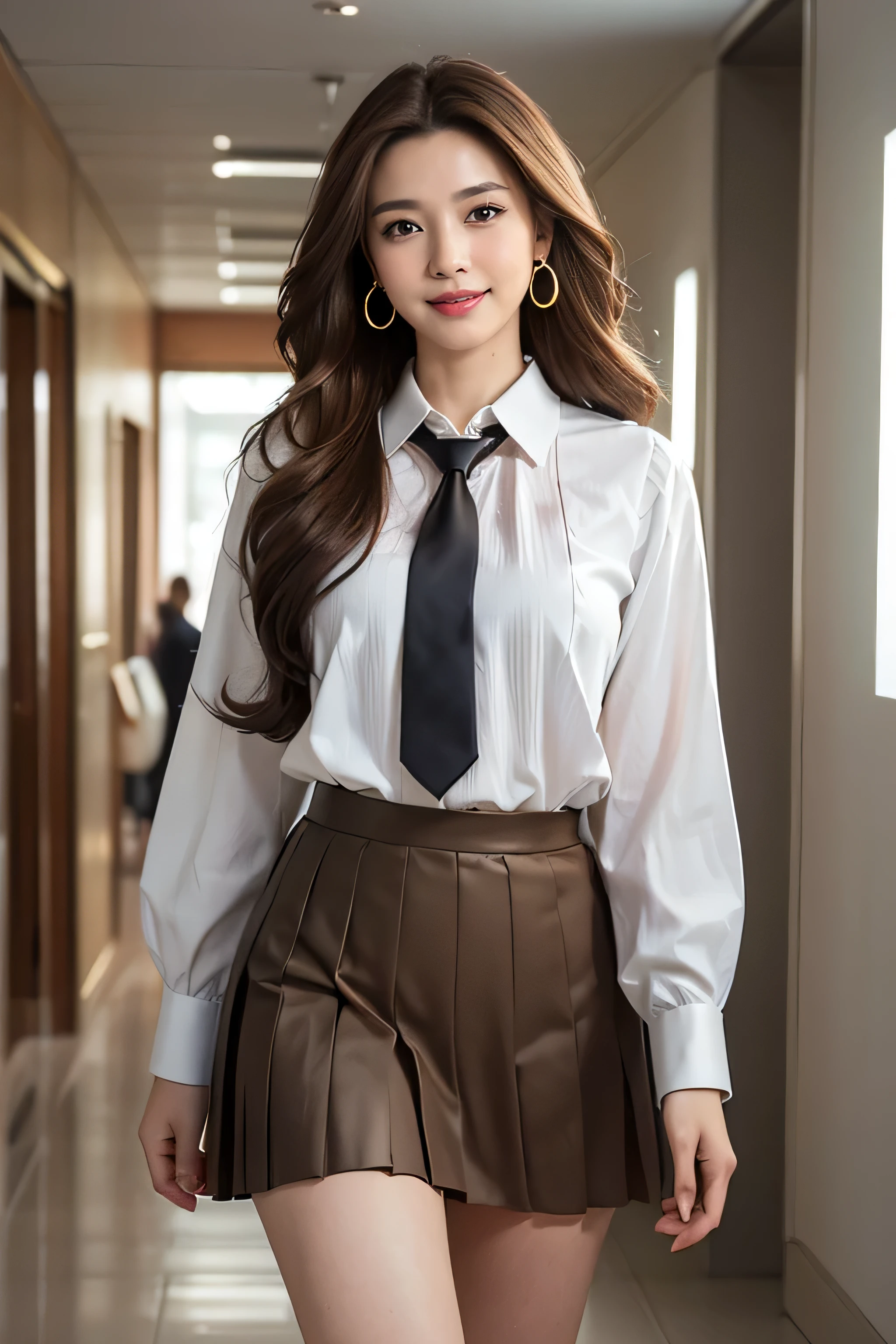 highest quality, masterpiece, 8k, Ultra-high resolution, (Realistic: 1.4), 1 girl, Beautiful Face, Symmetrical eyes, big, Perfect Body Proportions, ((((Extra long brown hair:1.2)))),((Loosely inward wavy hair:1.2)),((Gold Necklace_Large earrings:1.2)), The viewer's gaze,Front view, Absolute area (1.3),A kind smile、Seems kind、Cowboy Shot、((white collared blouse、dark grey pleated skirt with tie:1.3))((full figure supermodel standing, entire body in frame))fullbody shot、((hands behind back:1.3))((A shy smile:1.3)),((while walking down the hallway:1.3))、