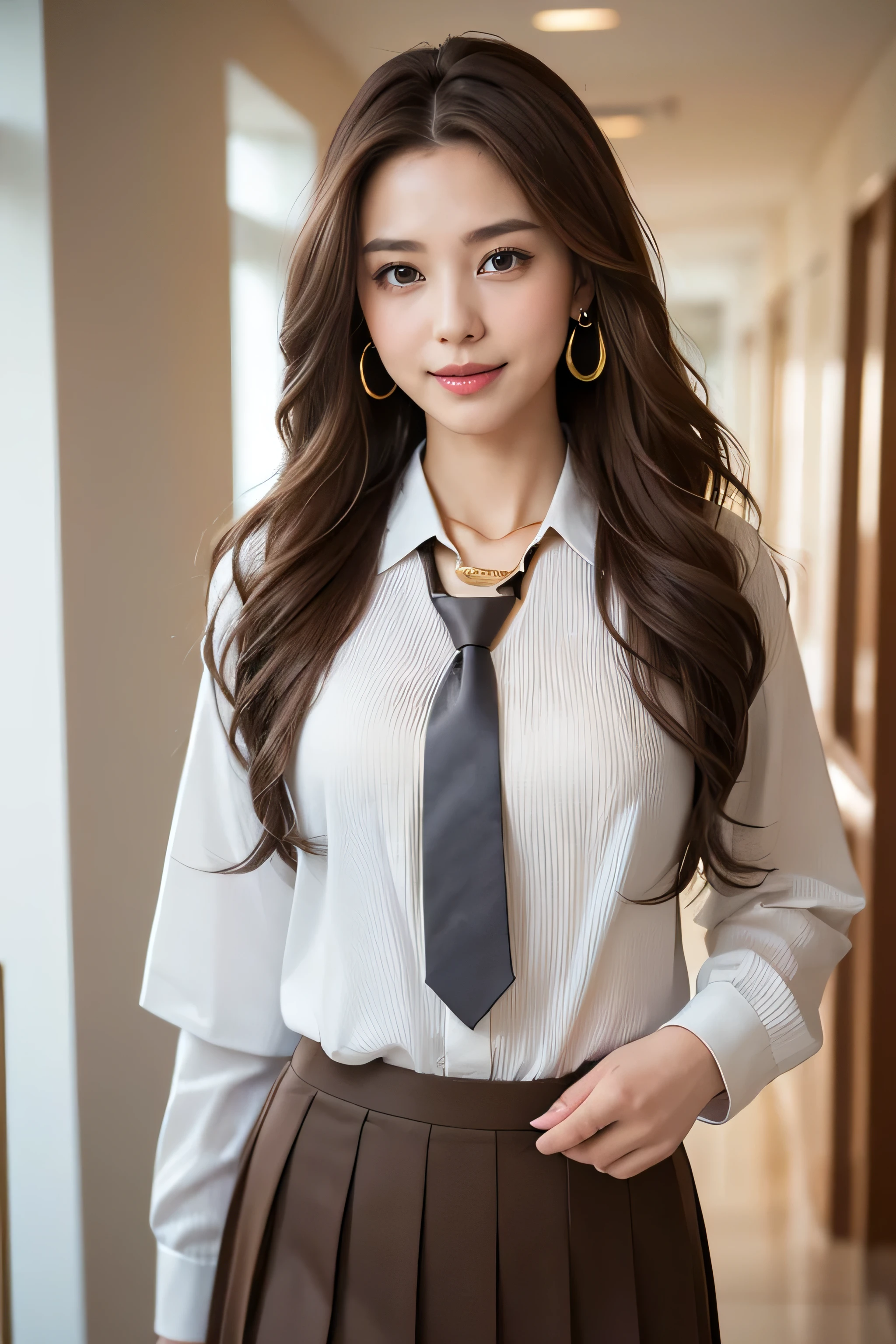 highest quality, masterpiece, 8k, Ultra-high resolution, (Realistic: 1.4), 1 girl, Beautiful Face, Symmetrical eyes, big, Perfect Body Proportions, ((((Extra long brown hair:1.2)))),((Loosely inward wavy hair:1.2)),((Gold Necklace_Large earrings:1.2)), The viewer's gaze,Front view, Absolute area (1.3),A kind smile、Seems kind、Cowboy Shot、((white collared blouse、dark grey pleated skirt with tie:1.3))((full figure supermodel standing, entire body in frame))fullbody shot、((hands behind back:1.3))((A shy smile:1.3)),((while walking down the hallway:1.3))、((He came running over here at a slight jog.:1.3)),