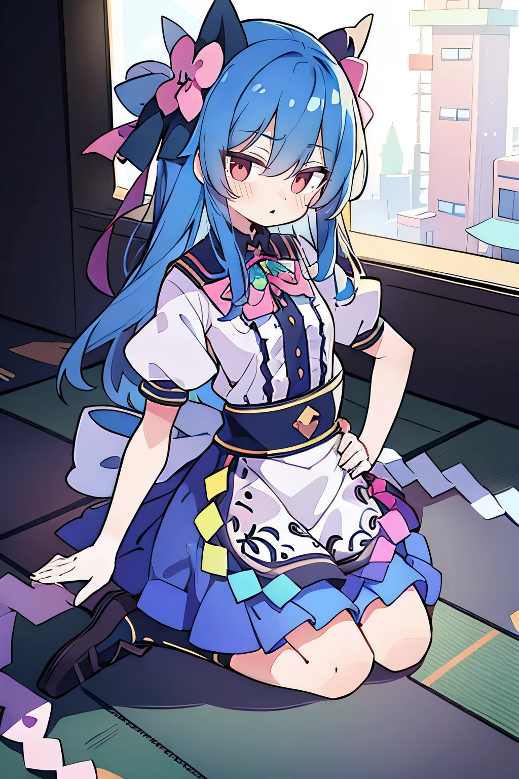 (masterpiece),best quality, expressive eyes, perfect face, 1girl,
 Put your hands on your waist,fair, Gorgeous,Japanese cartoons,girl,lola,Hina Angel, blue hair, blue haired, floating clothes,Grab your waist, Grab your waist, hands on hips , hands on hips,sit, sit on ground, Legs on the ground, flat chest,starry sky,Pink eyes,
