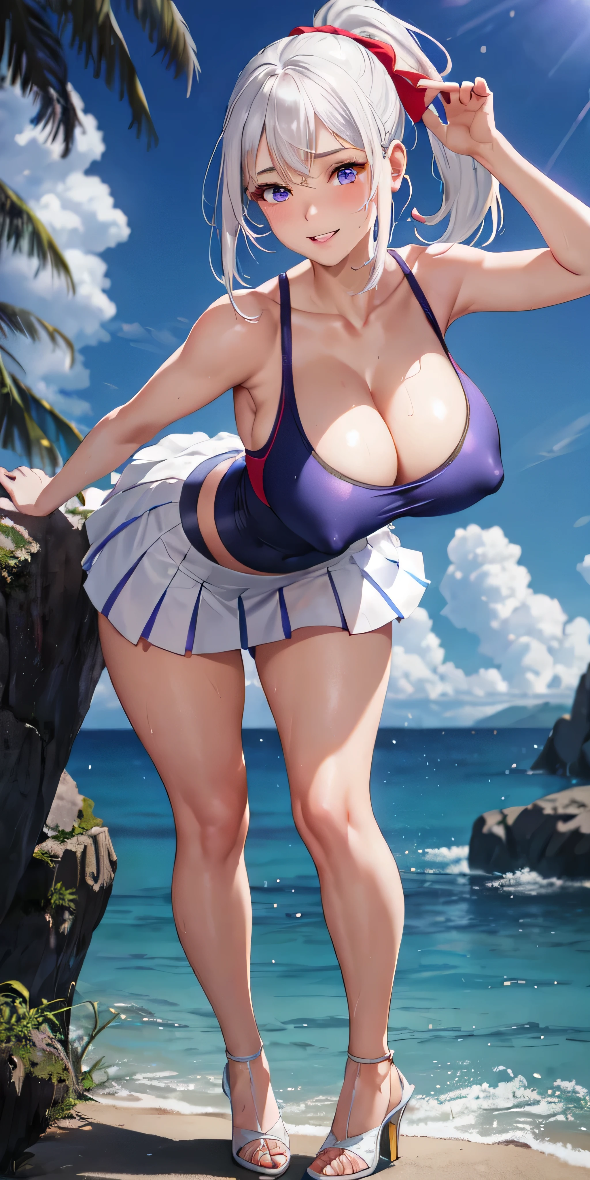 realistic, 1girl, ponytail, parted lips, blush, makeup, light smile, white hair, sportswear, skirt, wet clothes, glow, thighs, purple eye, bare shoulders, collarbone, narrow waist, sunbeam, sunlight, rose, wind, cleavage, (masterpiece), sweat, (cara feliz), (olhos verdes), (saia), (corpo fitness), (face madura), (roupas cor-de-rosa), (Fundo da aldeia da folha), (atraente), (hot), (sweat 1.5)Beautiful woman，1个Giant Breast Girl(work of art), (masterpiece), (best quality), a, (blue eyes),, red bow, , butts , full figure head to toes , standing on heels, wearing heels showing  nipples, beautiful cute smile, showing big curved , wearing heels, sports heels, grabbing her brests tight, grabbed brests