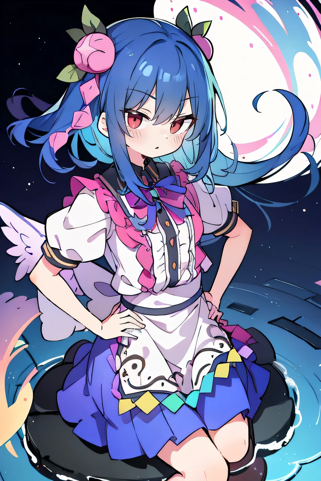 (masterpiece),best quality, expressive eyes, perfect face, 1girl,
Put your hands on your waist,fair, Gorgeous,Japanese cartoons,girl,lola,Hina Angel, blue hair, blue haired, floating clothes,Grab your waist, Grab your waist, hands on hips , hands on hips,sit, sit on ground, Legs on the ground, flat chest,starry sky,Pink eyes,