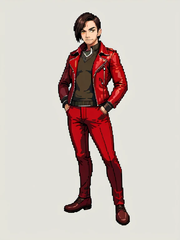 (masterpiece, top quality, best quality), pixel,pixel art,1man,brown shoes,red pants,brown leather jacket,shortblack hair,full body,