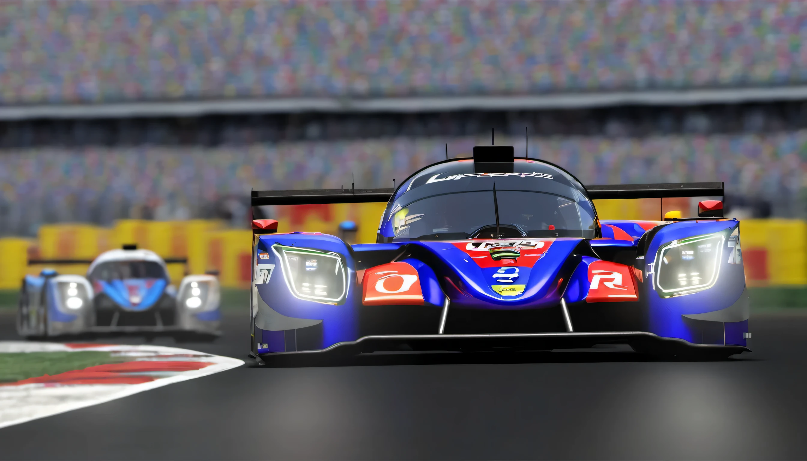 (masterpiece, best quality:1.2), lmp3, le mans, grand stands, very far shot, 8k, UHD, award winning, super quality, hyperealism, highly detailed, ray tracing, retina, cinema lighting, vivid colors