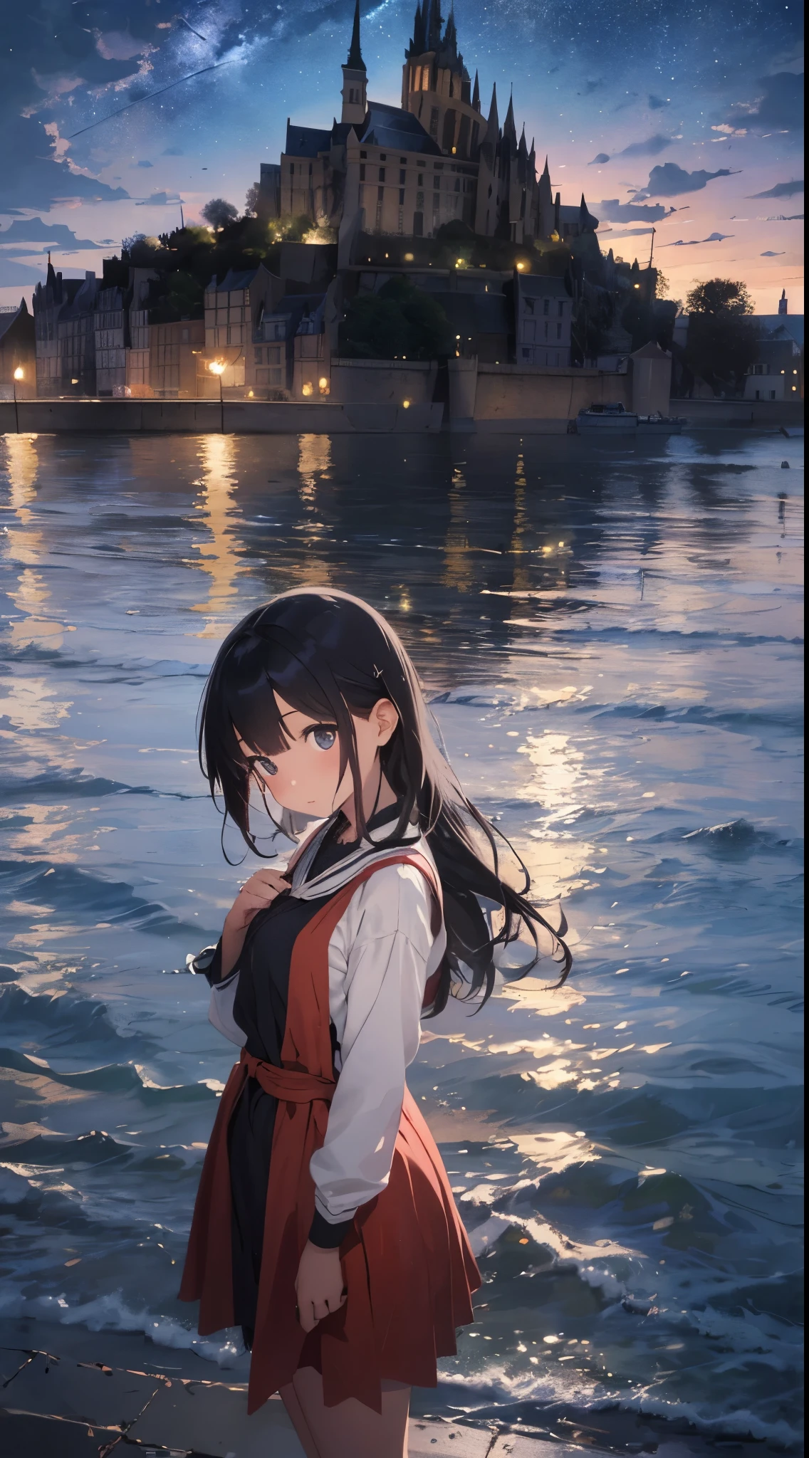 Focus on people。Create a masterpiece image set in Mont Saint-Michel and its bay at night。The scene is enveloped in the soft glow of moonlight、Cast long shadows、Illuminate the ancient architecture of the monastery。This girl is beautiful and adorable。She was exploring the historic site, wide-eyed in surprise。 She wears traditional costume and、The fabric is painted with maximum realism.、Different textures are emphasized。Her skin is also rendered in great detail、Captures subtle changes in texture and color。 The bay around her is calm and、The surface of the water plays the role of a mirror、It reflects the moonlight and the silhouette of Mont Saint-Michel。Delicately depicting the reflection of the water surface、Captures subtle ripples and play of light。 The girl was looking up at the camera curiously.、Gives the impression that the viewer is looking down on her。This sense of perspective is、It can be achieved using the fisheye effect to distort the image to create a wide panoramic or hemispherical view。 The overall quality of the image must be of the highest standard、Emphasis on enhancing the quality of details。The final artwork is、With the innocence of the girl、Mont Saint-Michel and its timeless beauty at night will be a celebration of the bay。