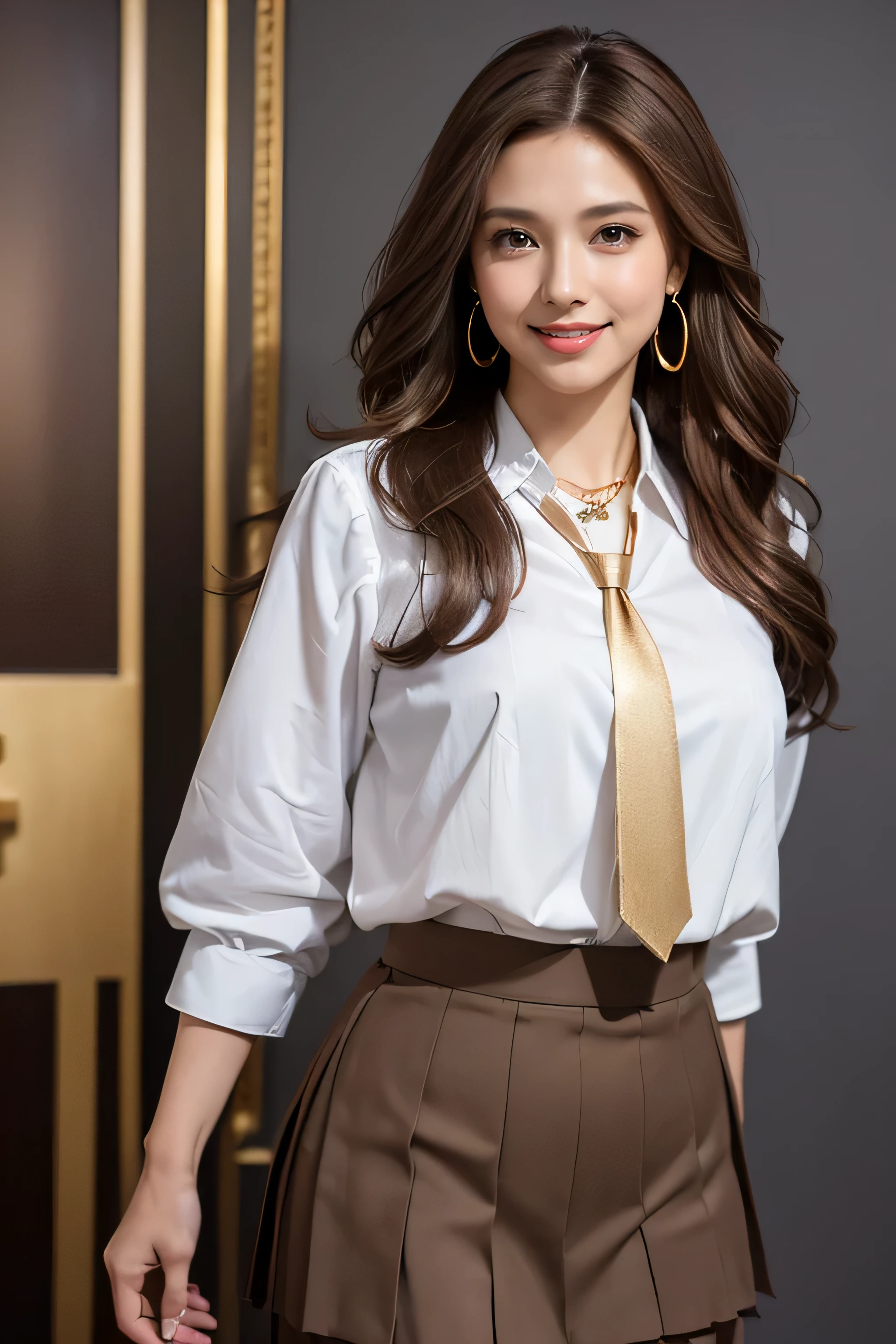 highest quality, masterpiece, 8k, Ultra-high resolution, (Realistic: 1.4), 1 girl, Beautiful Face, Symmetrical eyes, big, Perfect Body Proportions, ((((Extra long brown hair:1.2)))),((Loosely inward wavy hair:1.2)),((Gold Necklace＿Large earrings:1.2)), The viewer&#39;s gaze,Front view, Absolute area (1.3),A kind smile、Seems kind、Cowboy Shot、((white collared blouse、dark grey pleated skirt with tie:1.3))((full figure supermodel standing, entire body in frame))fullbody shot、((A shy smile:1.3)),(inside private jet, indoor, hyper detailed background:1.2)),