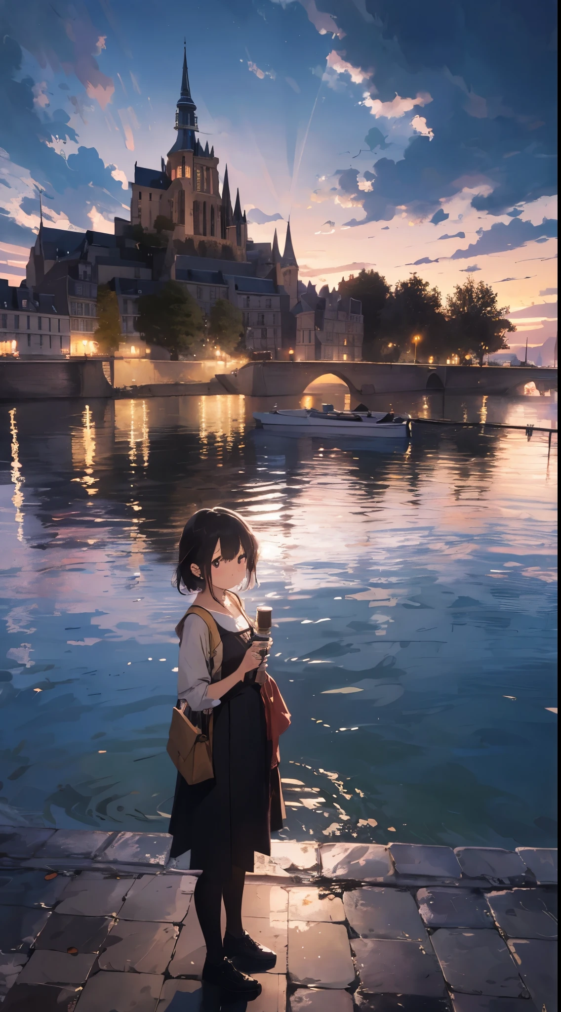 Focus on people。Create a masterpiece image set in Mont Saint-Michel and its bay at night。The scene is enveloped in the soft glow of moonlight、Cast long shadows、Illuminate the ancient architecture of the monastery。This girl is beautiful and adorable。She was exploring the historic site, wide-eyed in surprise。 She wears traditional costume and、The fabric is painted with maximum realism.、Different textures are emphasized。Her skin is also rendered in great detail、Captures subtle changes in texture and color。 The bay around her is calm and、The surface of the water plays the role of a mirror、It reflects the moonlight and the silhouette of Mont Saint-Michel。Delicately depicting the reflection of the water surface、Captures subtle ripples and play of light。 The girl was looking up at the camera curiously.、Gives the impression that the viewer is looking down on her。This sense of perspective is、It can be achieved using the fisheye effect to distort the image to create a wide panoramic or hemispherical view。 The overall quality of the image must be of the highest standard、Emphasis on enhancing the quality of details。The final artwork is、With the innocence of the girl、Mont Saint-Michel and its timeless beauty at night will be a celebration of the bay。