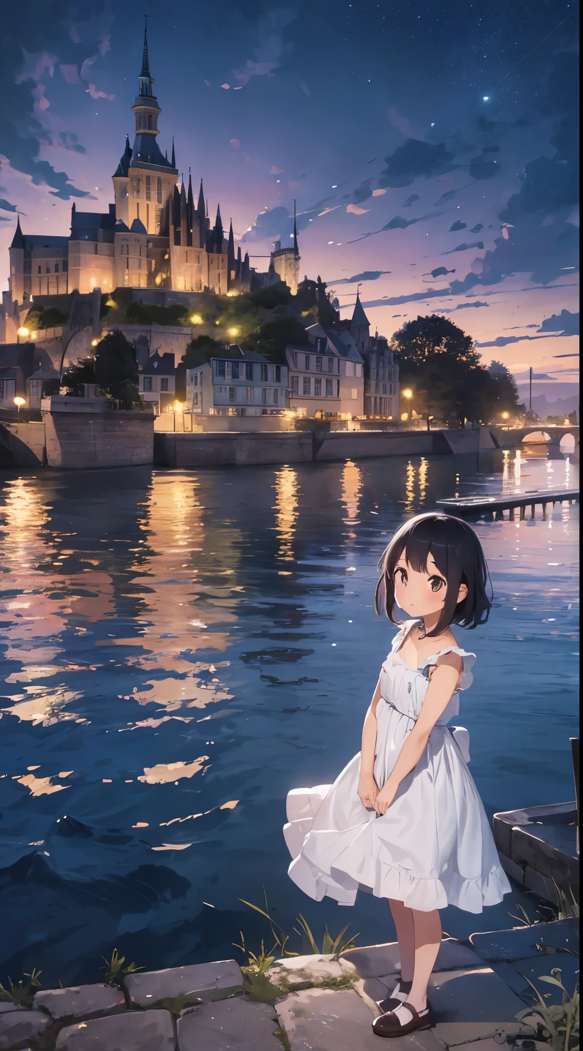 Focus on people。Create a masterpiece image set in Mont Saint-Michel and its bay at night。The scene is enveloped in the soft glow of moonlight、Cast long shadows、Illuminate the ancient architecture of the monastery。This girl is beautiful and adorable。She was exploring the historic site, wide-eyed in surprise。 She wears traditional costume and、The fabric is painted with maximum realism.、Different textures are emphasized。Her skin is also rendered in great detail、Captures subtle changes in texture and color。 The bay around her is calm and、The surface of the water plays the role of a mirror、It reflects the moonlight and the silhouette of Mont Saint-Michel。Delicately depicting the reflection of the water surface、Captures subtle ripples and play of light。 The girl was looking up at the camera curiously.、Gives the impression that the viewer is looking down on her。This sense of perspective is、It can be achieved using the fisheye effect to distort the image to create a wide panoramic or hemispherical view。 The overall quality of the image must be of the highest standard、Emphasis on enhancing the quality of details。The final artwork is、With the innocence of the girl、Mont Saint-Michel and its timeless beauty at night will be a celebration of the bay。