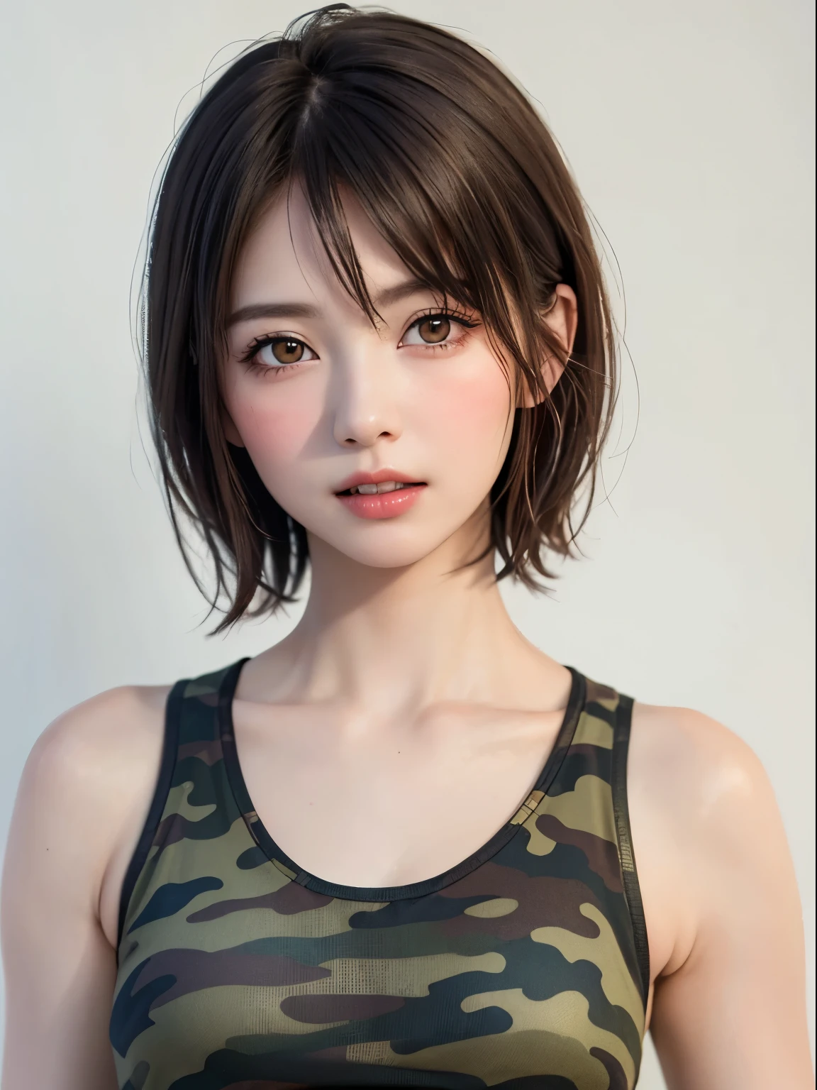 (highest quality、8k、32k、masterpiece、Hmph:1.2)、(Raw photo)、(Realisticな)、(Photorealistic:1.2)、(High resolution)、Ultra-detailed、Very beautiful face and eyes、One Girl、Round and small face、Big breasts and small waist、Delicate body、(Close-up、highest quality、Attention to detail、Rich skin detail、Hmph)、(highest quality、8k、Oil paint:1.2)、Very detailed、(Realistic、Realistic:1.37)、Vibrant colors、(((Blushing cheeks)))、(((Woman&#39;s face)))、(((Light brown hair)))、(((LOL)))、(((Teeth are visible)))、(((Bust Shot)))、(((White background)))、((short hair))、(((Pure white wall background)))、(((She is wearing a camouflage tank top)))、(((camo tank top)))、(((Pure white wall background)))、(((Model pose)))、Arms crossed