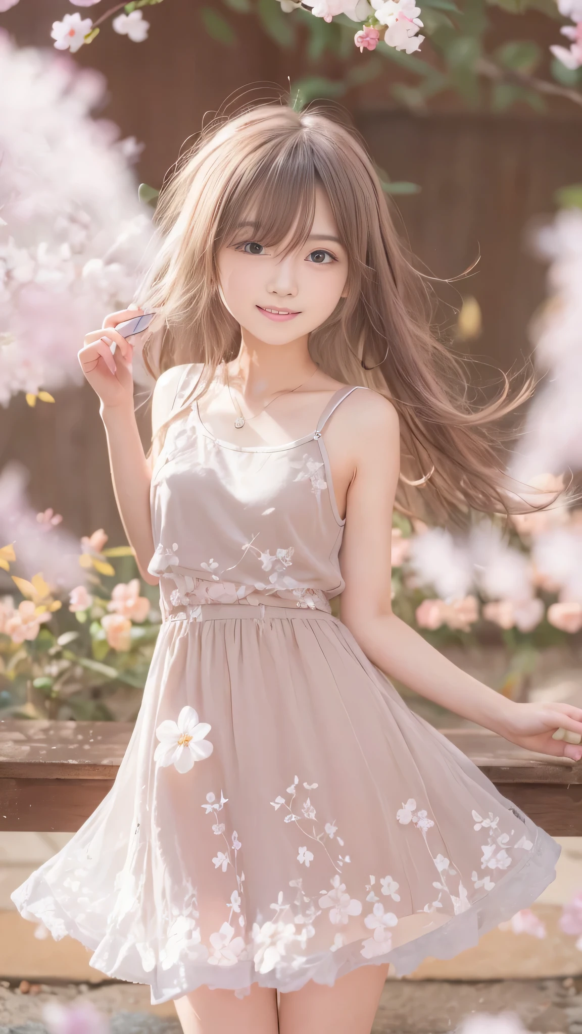 16 years old、Cute Woman、Cute face、Cute Smile、(16 years old )、full body shot、80mm、well-shaped chest、Slightly larger breasts、Lazy smile、Open neck tank top、mini skirt、Medium Long Hair、Dark brown hair、garden、Squirting、cherry blossoms、Because I'thin、Beautiful and thin legs、Clear white skin、Sit on、