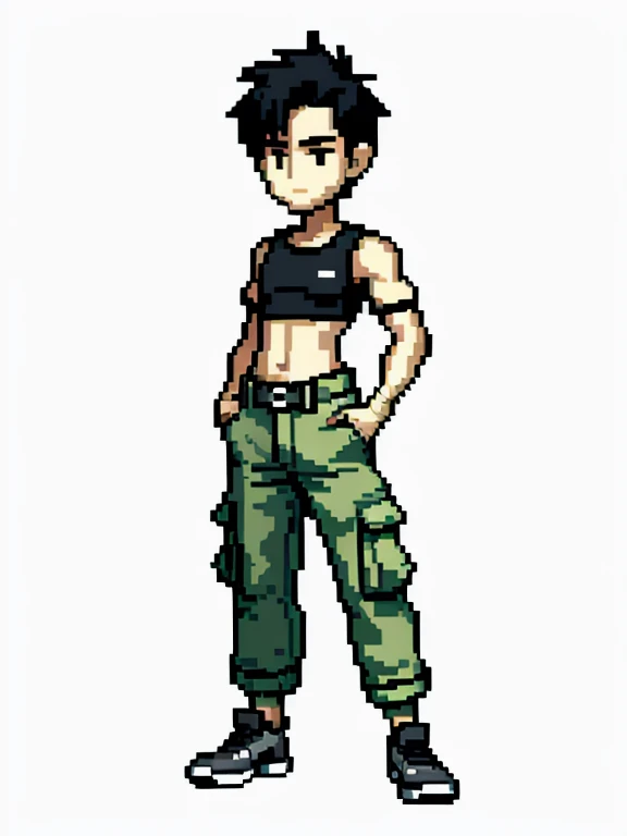 (masterpiece, top quality, best quality), pixel,pixel art,1man,cargo pants,black hair,full body,