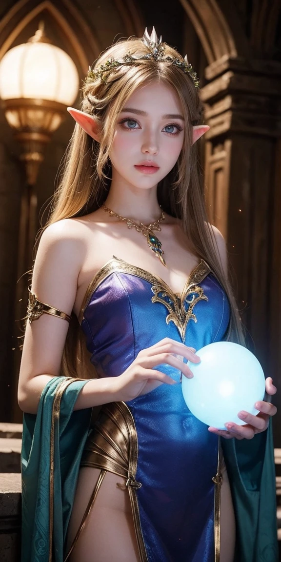 beautiful, charming, natural girl, makeup, beautiful girl, elven enchantress, glowing orbs in the background