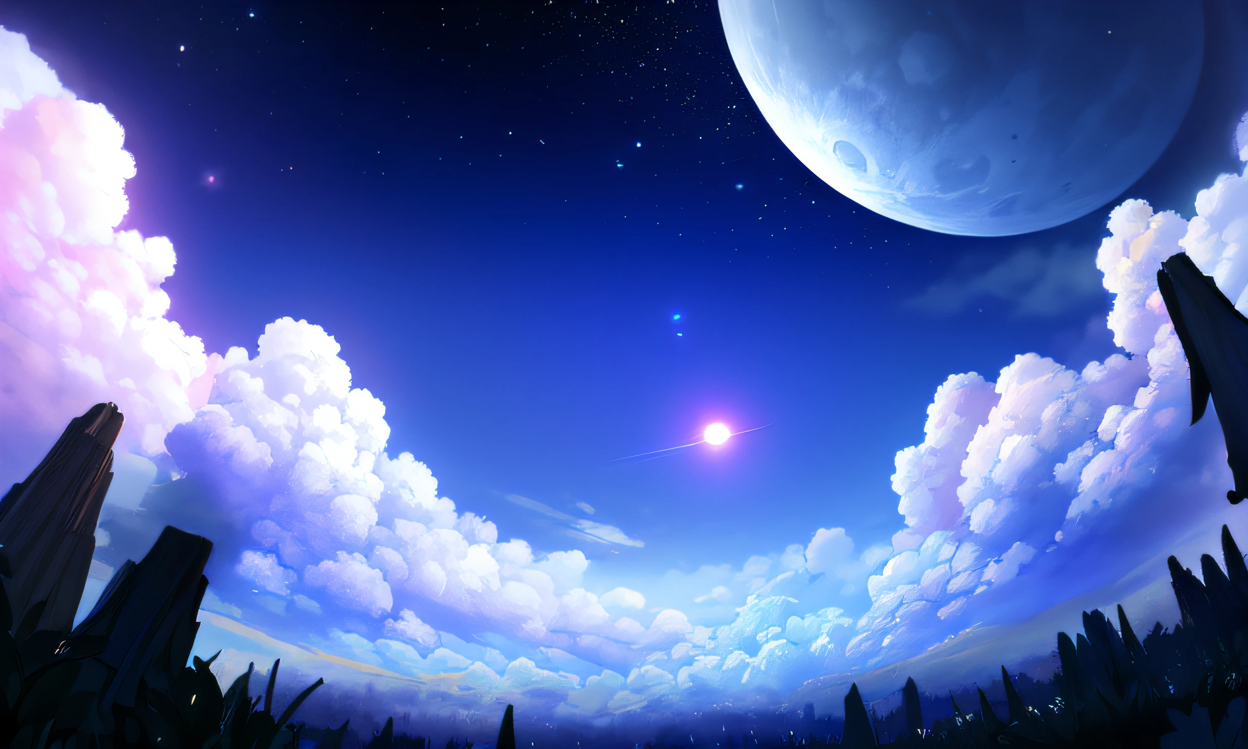 ((Maximum detail)),(Very detailed),(colorize), chiaroscuro, خلفية CG Unity 8K Very detailed,((Very delicate and beautiful)),midnight, cloudy_sky, Crescent moon, forest, moon light, Horizon, nature, Not humans, in the fresh air, natural landscape, starry sky, tree, com.odinspherestyle,