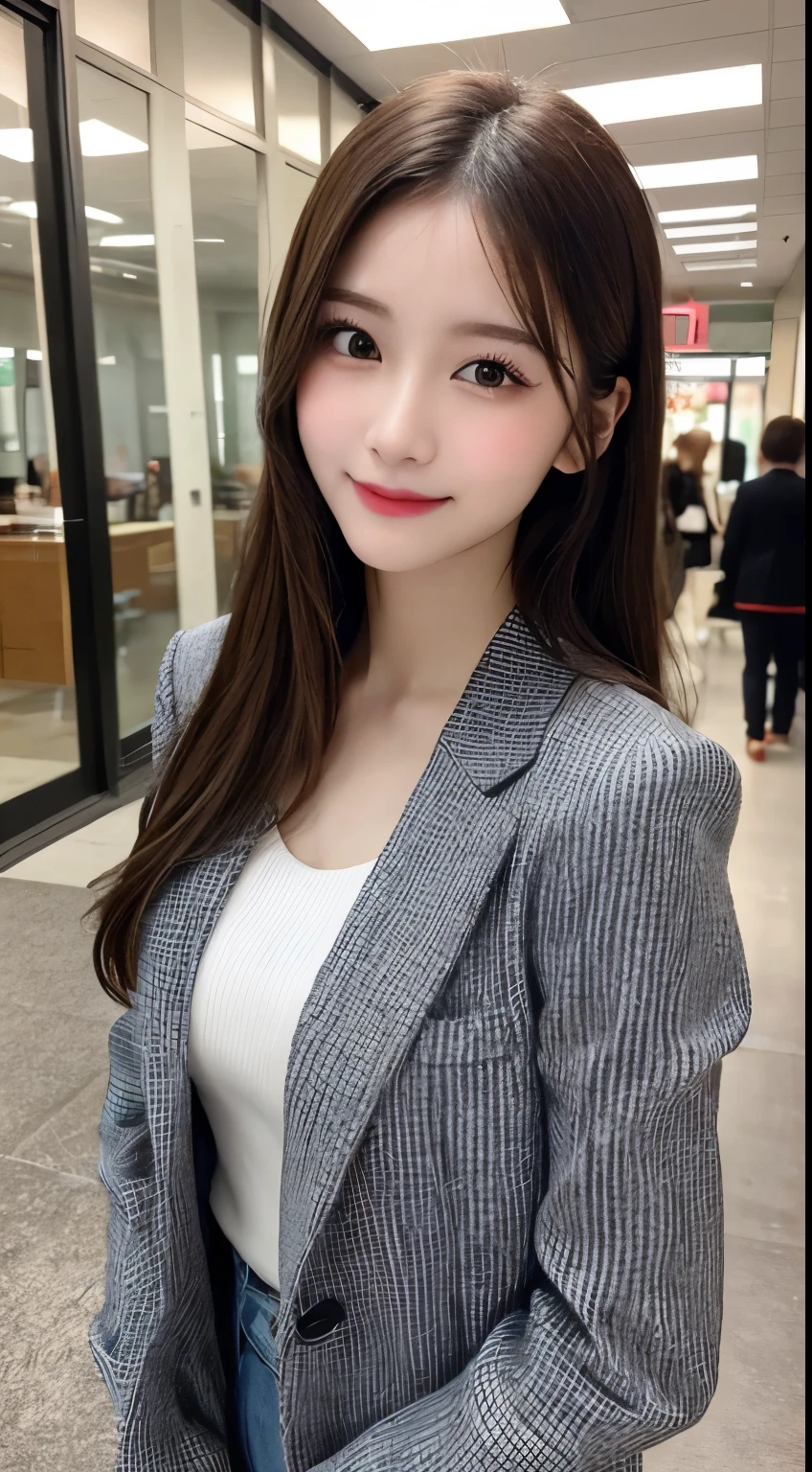 Tabletop, highest quality, shape, Very detailed, finely, High resolution, 8k wallpaper, 完璧なダイナミックな構shape, Beautiful and detailed, Nice spring clothes,Beautiful straight hair,Small breasts,Natural color lip, 20-year-old girl、cute、sexy shot looking at camera,Always blur the background,Perfect and beautiful face、Slim face and figure,Big eyes、Putting on gal makeup,Actual Photos（Best image quality）、Sexy Face、Fashion magazine model pose、A shy smile、suit、office Street