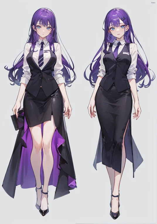 ((Perfect Face)),Purple Hair,voluminous long hair,1 female,bartender,suit,Black vest,Shirt with rolled up sleeves,tie,slit,High heels,,((Simple Background)),smile,((whole body)),((whole body)),Portraiture,virtual,upright,,Both arms are down,Standing upright with face and body facing forward,