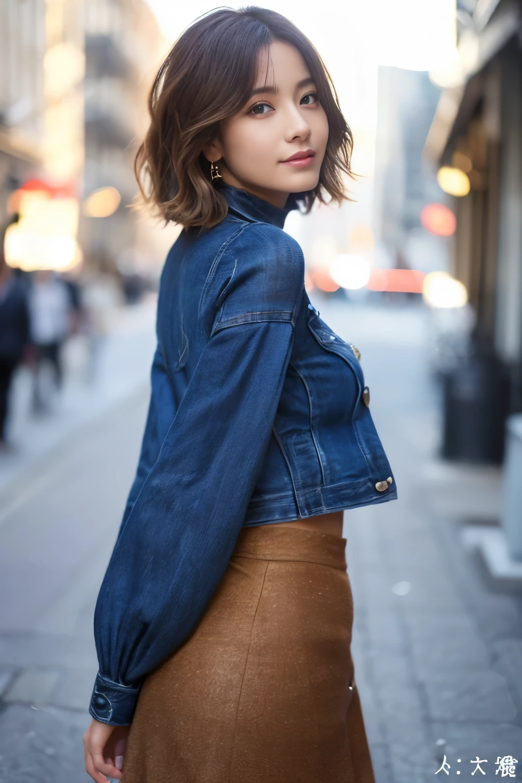 ((top-quality、in 8K、masterpiece:1.3))、sharp focus:1.2、Beautiful woman perfect body:1.4、Slim abs:1.2、((Very short hair:1.2))、(Dark blue knitwear、denim:1.1)、Camel corset(Sateen、a street:1.2)、wetbody:1.5、Three-dimensional texture、A detailed eye、Brown hair、Very shiny hair、posterior view、Hair quality improvement、Handsome short、Short-haired blonde。