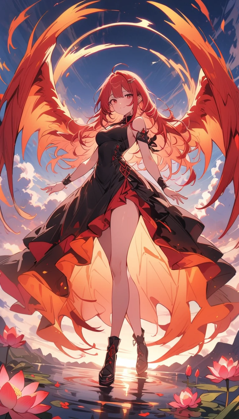 (masterpiece, highest quality: 1.2), a girl with Phoenix wings standing in a ring of fire, Red eyes glow, Phoenix, Lotus flower, Red Gold Pink, sunrise over mountains in the background