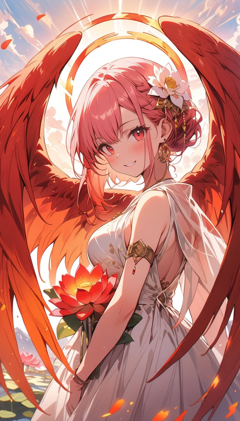 (masterpiece, highest quality: 1.2), a girl with Phoenix wings standing in a ring of fire, Red eyes glow, Phoenix, Lotus flower, Red Gold Pink, sunrise over mountains in the background