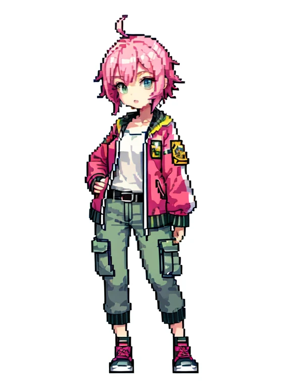 (masterpiece, top quality, best quality), pixel,pixel art,1girl,versity jacket,cargo pants,pink hair,full body,