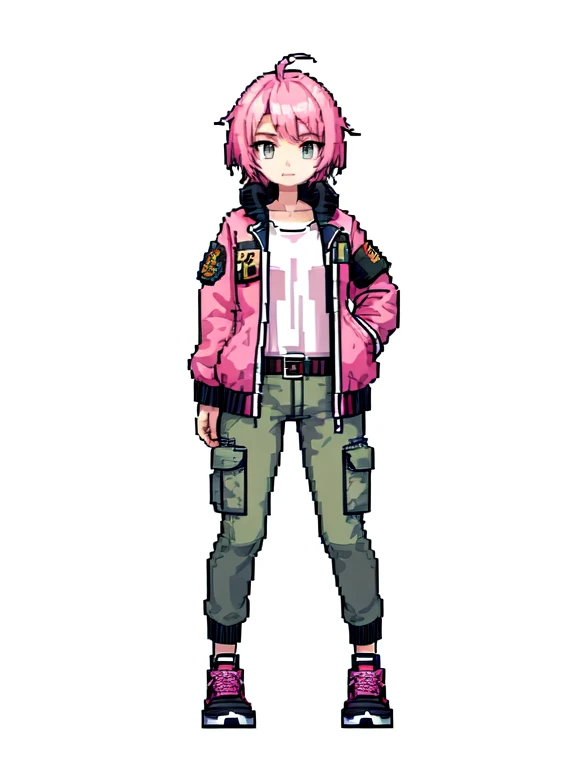 (masterpiece, top quality, best quality), pixel,pixel art,1girl,versity jacket,cargo pants,pink hair,full body, 
 