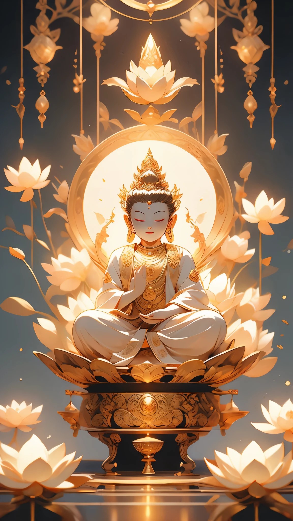 Buddha,A kind voice,Good will,The way to happiness,A flash of inspiration flowed everywhere,Golden glow,Lotus pond,Young man,prayerfully,Be universal to all beings,Echoes of brahma's voice,Solemn palace,Quiet and mysterious,Cigarette curling,Buddhist scriptures,Rosary rotation,Spiritual purification,The lotus is in full bloom.,Aura of wisdom,Worship with devotion