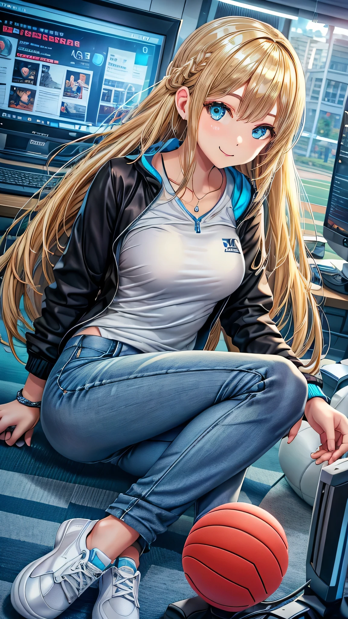Best quality: 1.0), (Super High Resolution: 1.0), blonde black hair, blue aqua sparkling eyes, grey zip up jacket, Nintendo t-shirt, slight smile, long blue jeans pants, blue and white tennis shoes, sitting in front of computer playing games, background in esports room,