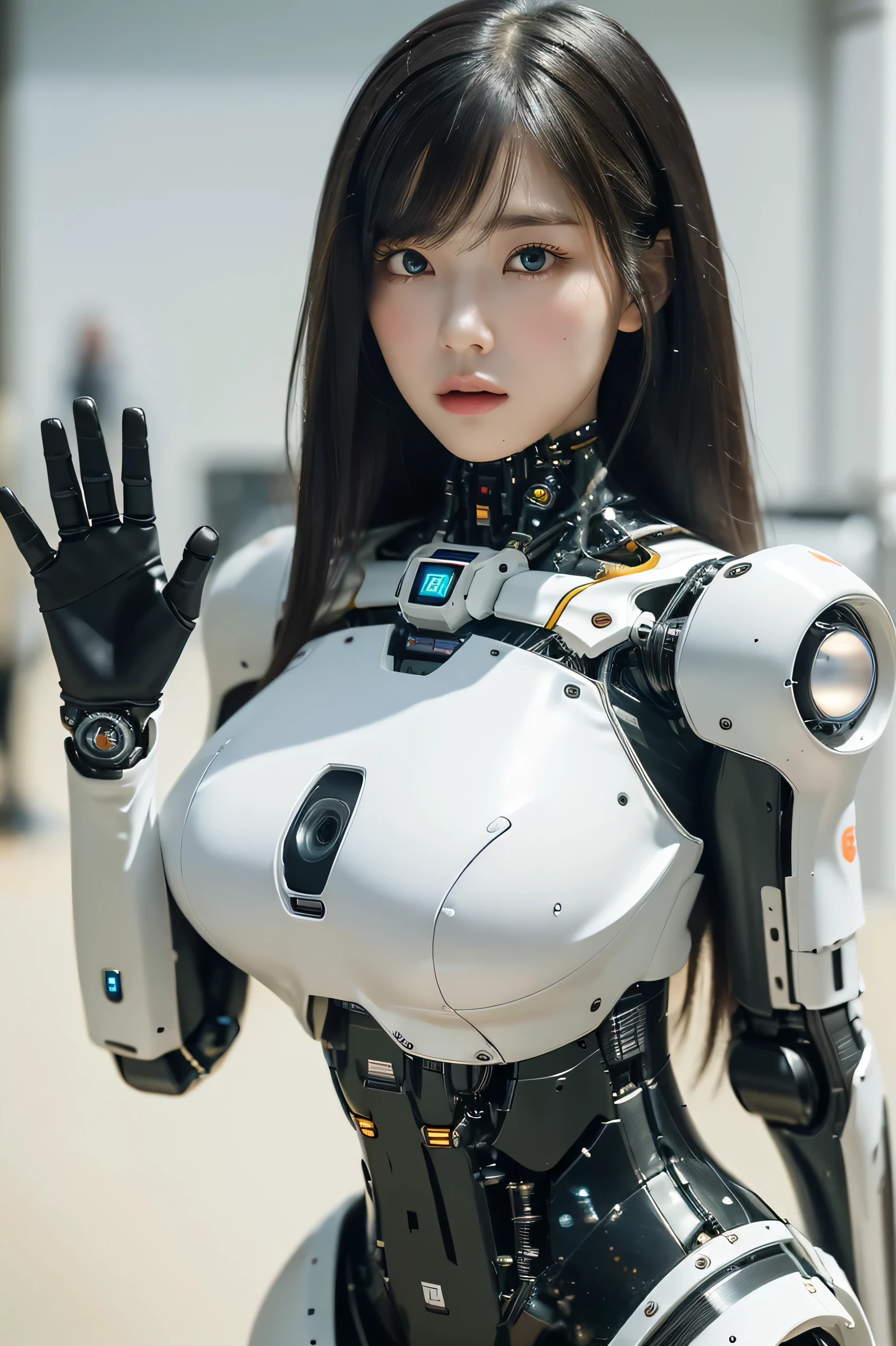 masterpiece, best quality, extremely detailed, portrait,Japaese android girl,Plump,a bit chubby,control panels,android,Droid,Mechanical Hand, ,Robot arms and legs, Black hair,Mechanical body,Blunt bangs,White Robotics Parts,perfect robot woman,Charging spot,Long Tube,A thick cable was connected to her neck,perfect mechanical body,white robotics body,future assembly plant,white body,She has repaired,black sponge joints,android assembly plant,android,laboratory,perfect machine body,white robot body,blue eyes