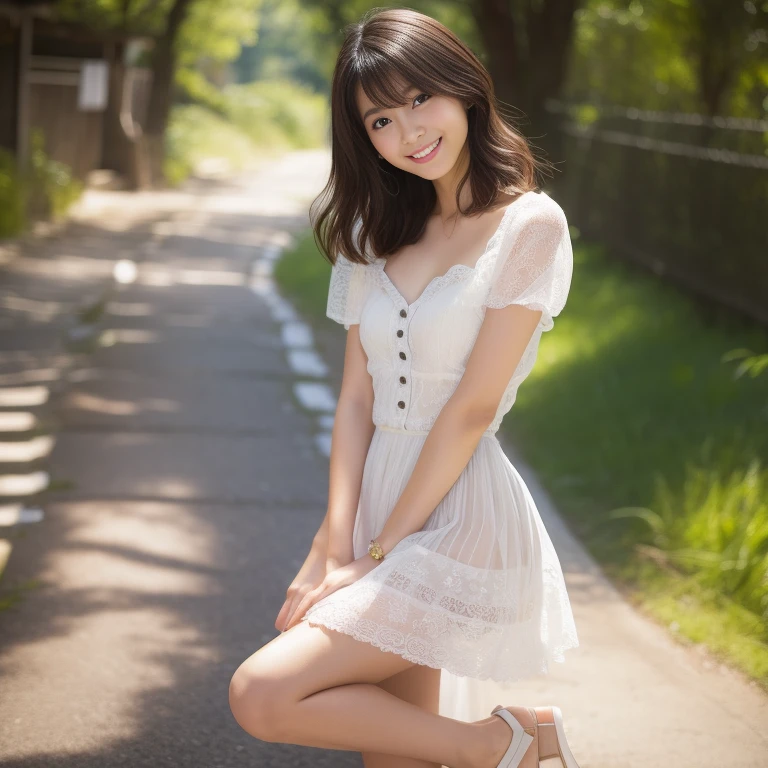 1female, 28 old years, Wearing mini dress, Fair skin, upskirt, heels, Stand ,breast cleavage, long bangs hair, love earrings, outdoor, beautiful face, Shy feminine style, little smile, close up, full body, photorealistic, masterpiece