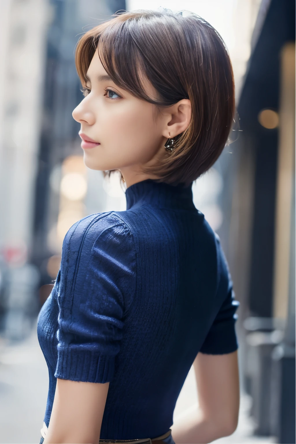 ((top-quality、in 8K、​masterpiece:1.3))、sharp focus:1.2、Beautiful woman perfect body:1.4、Slim abs:1.2、((Very short hair:1.2))、(Dark blue knitwear、denim:1.1)、Camel corset(Sateen、a street:1.2)、wetbody:1.5、Three-dimensional texture、A detailed eye、Brown hair、Very shiny hair、posterior view、Hair quality improvement、Handsome short、Short-haired blonde。