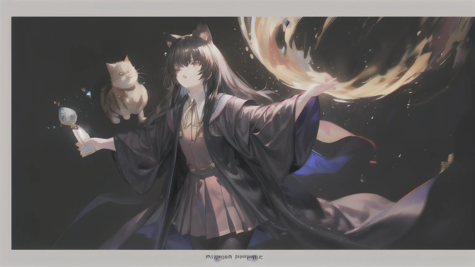 1girl long black hair with bangs and cat ears and red eyes in magic castle with blinking stars,Harry Potter y Van Gogh'the dream collaboration,Magic wand, magia, beautiful particles, capa negra con tonalidad rojas (Gryffindor logo), casa de Gryffindor tipo harry potter