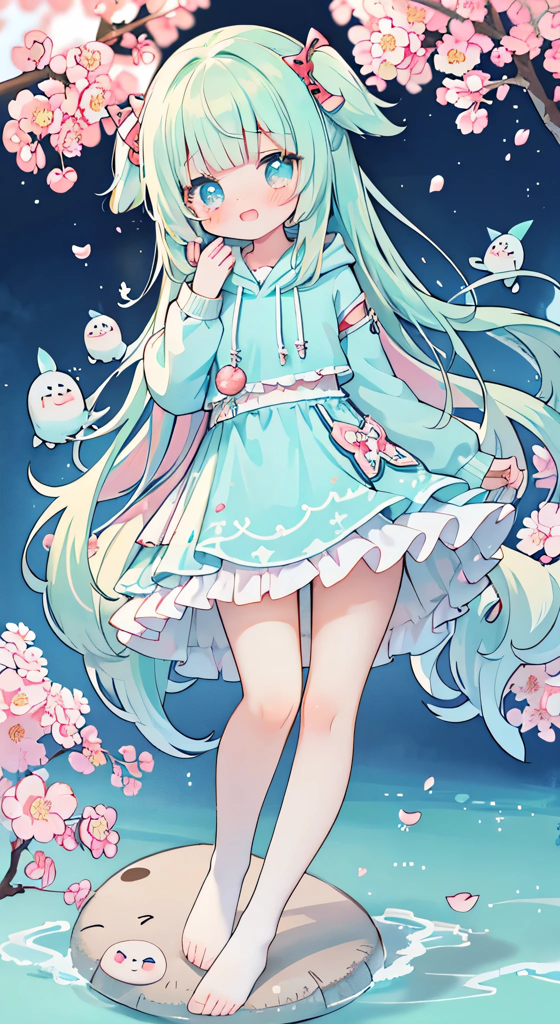 idol, yuri, bishoujo,light cherry blossom powder long hair, blunt bangs, nose blush , embarrassed , shy, aqua eyes, beautiful detailed eyes, crying with eyes open, aqua eyes, narrowed eyes,shark Deep Matcha Green hoodie , frilled white Silk Stockings,no shoes,top-down_bottom-up,