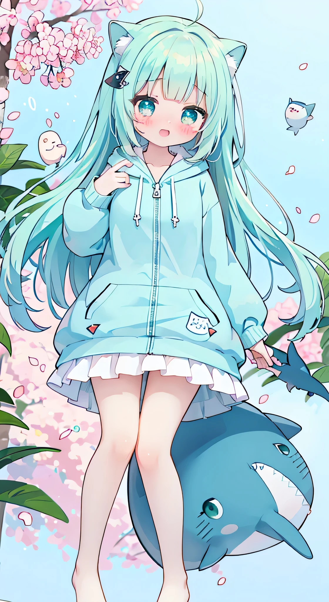 idol, yuri, bishoujo,light cherry blossom powder long hair, blunt bangs, nose blush , embarrassed , shy, aqua eyes, beautiful detailed eyes, crying with eyes open, aqua eyes, narrowed eyes,shark Deep Matcha Green hoodie , frilled white Silk Stockings,no shoes,top-down_bottom-up, ((Shark-shaped matcha green hood,Hoodie,zipper)),