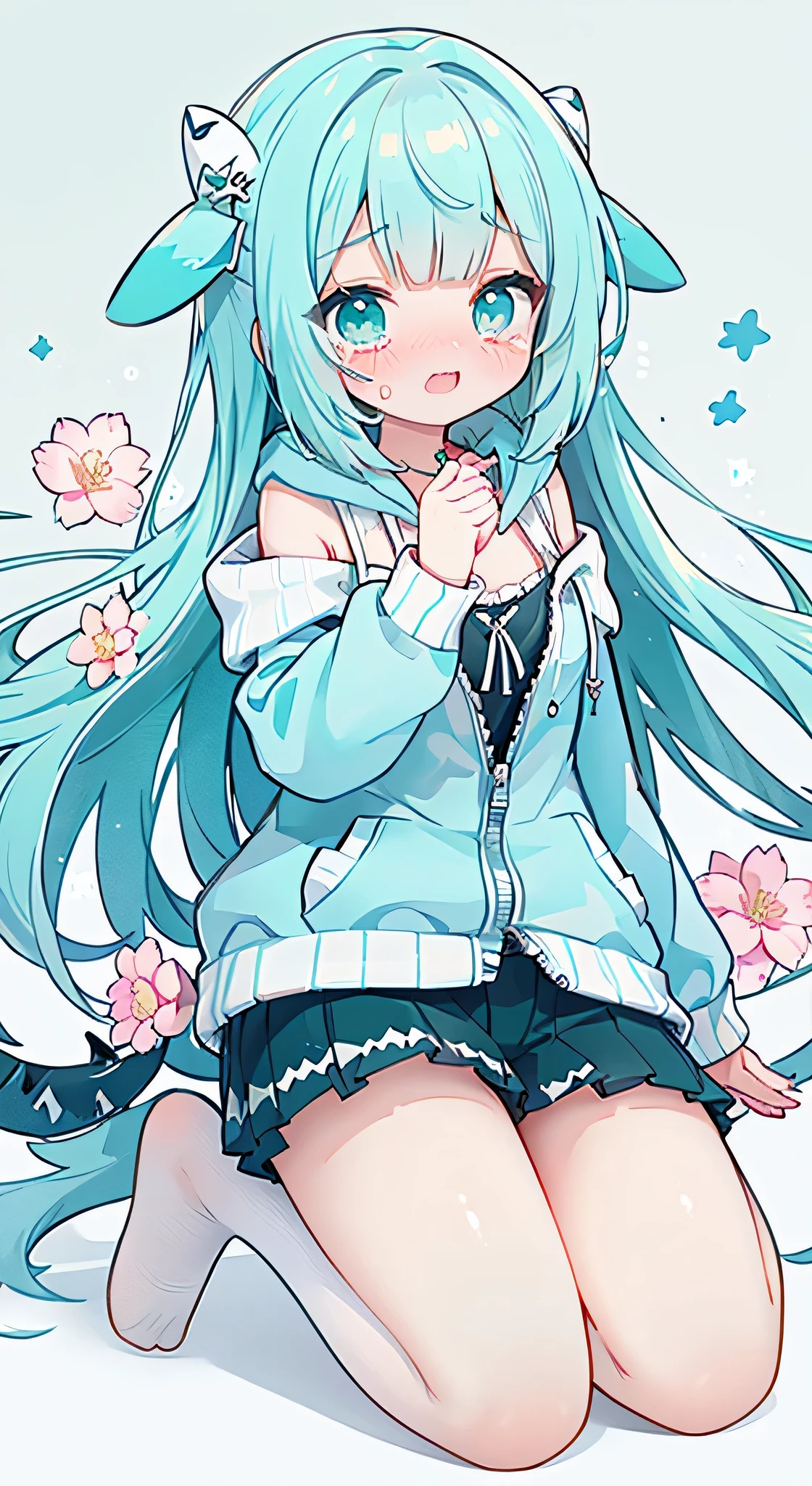 idol, yuri, bishoujo,light cherry blossom powder long hair, blunt bangs, nose blush , embarrassed , shy, aqua eyes, beautiful detailed eyes, crying with eyes open, aqua eyes, narrowed eyes,shark Deep Matcha Green hoodie , frilled white Silk Stockings,no shoes,top-down_bottom-up, （（Shark-shaped matcha green hood，Hoodie，zipper）），