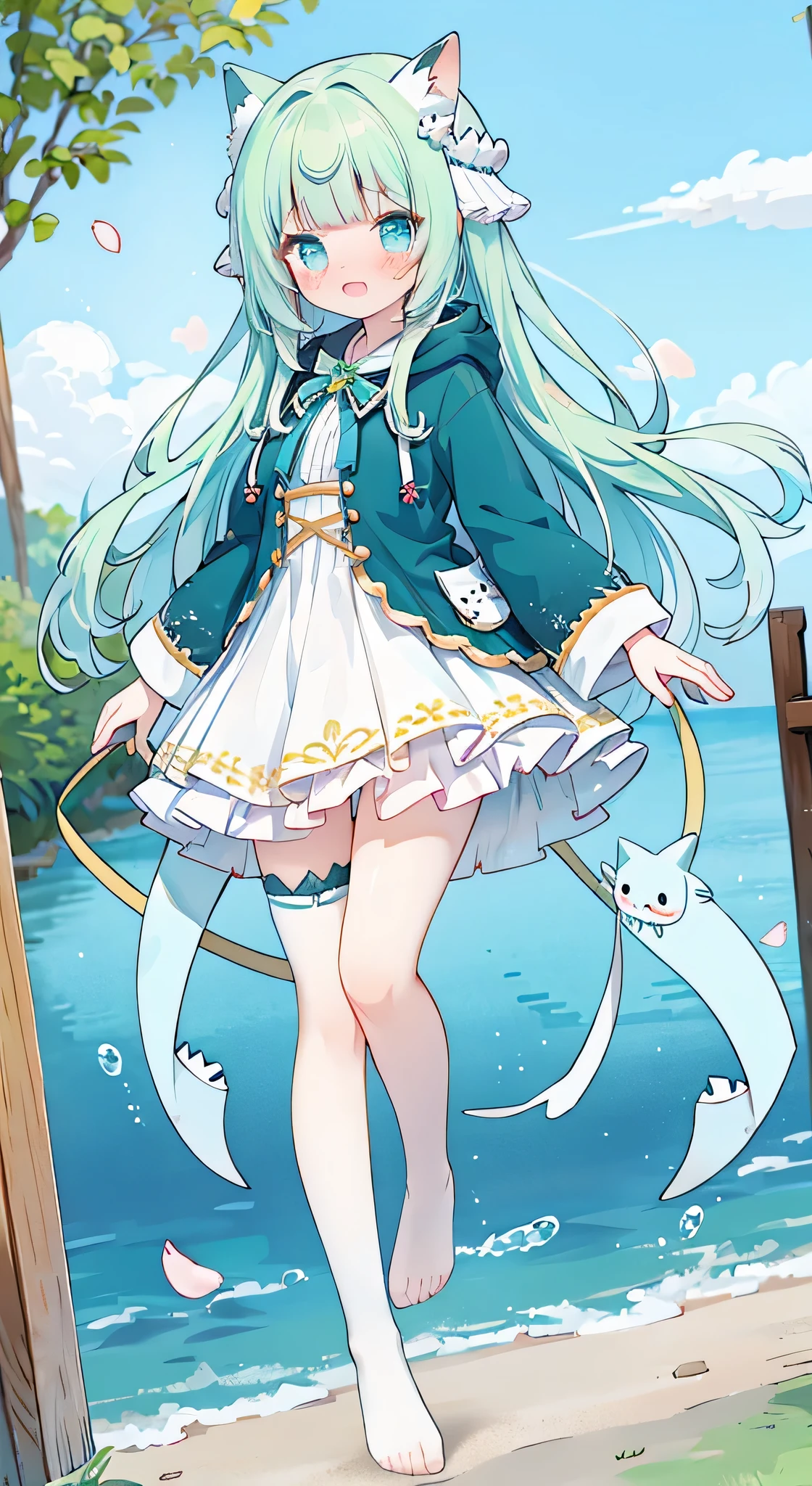 idol, yuri, bishoujo,masterpiece,best quality,official art,extremely detailed CG unity 8k wallpaper, ((Shark-shaped matcha green hood,Hoodie,zipper)),light cherry blossom powder long hair, blunt bangs, nose blush , embarrassed , shy, aqua eyes, beautiful detailed eyes, crying with eyes open, aqua eyes, narrowed eyes,shark Deep Matcha Green hood ,lace-trimmed legwear, white legwear, ((frilled white Silk Stockings)),((no shoes)),((top-down_bottom-up)),