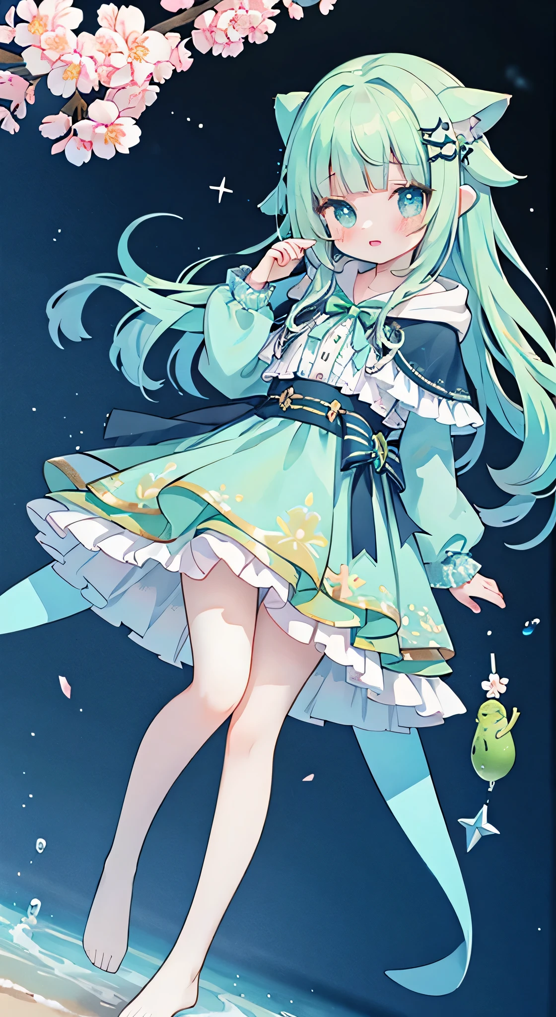 idol, yuri, bishoujo,masterpiece,best quality,official art,extremely detailed CG unity 8k wallpaper, ((Shark-shaped matcha green hood,Hoodie,zipper)),light cherry blossom powder long hair, blunt bangs, nose blush , embarrassed , shy, aqua eyes, beautiful detailed eyes, crying with eyes open, aqua eyes, narrowed eyes,shark Deep Matcha Green hood ,lace-trimmed legwear, white legwear, ((frilled white Silk Stockings)),((no shoes)),((top-down_bottom-up)),