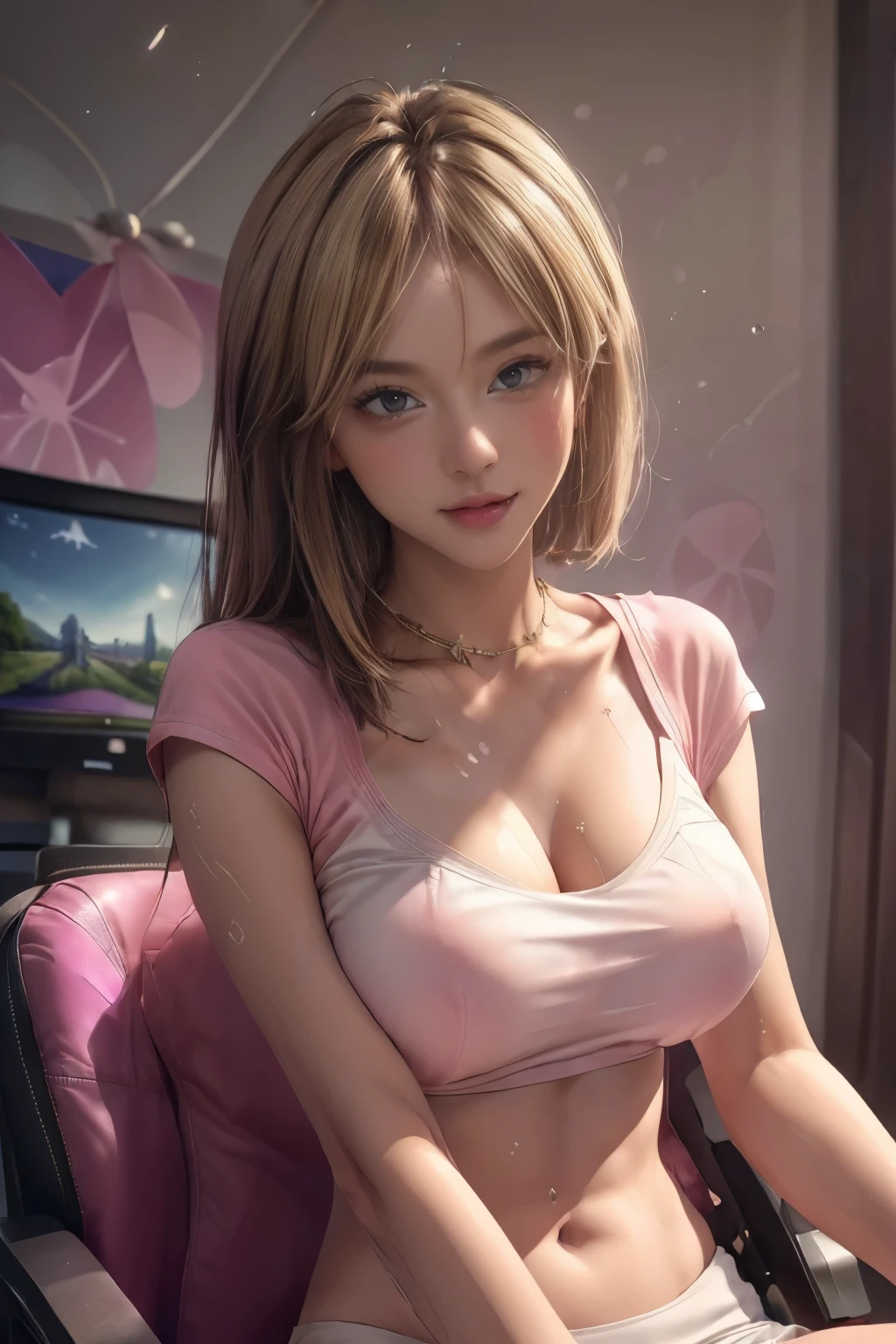 ((((masterpiece, Best Quality, High resolution)))), extremely detailed 8K, 25 years old sexy Beautiful Japanese girl with slim body, (Ultra HD, Ultra-detailed, Highly detailed, Highly realistic, Ultra-realistic, photos realistic), (viewer looking from below:1.6),(1girl:1.5), (glossy bright blonde hair, short hair:1.2),(dynamic poses), facing at camera, smile, (huge breasts: 1.2), (beautiful detailed face, Beautiful detailed brown eyes),(Wearing a tube top white sea-through t-shirt,The chest area of the shirt is wide open, :1.5), (breasts visilble:1.5), (hard nipples pointing:1.3), Glow, (very Sweat:1.5), sexy long legs, nakeness, bared chest, Sexy, Blushing, look up to the sky,{sitting on a (pink gaming chair:1.5) at home}, (psychedelic wallpapers:1.3), (gaming monitors on a desk:1.3)
