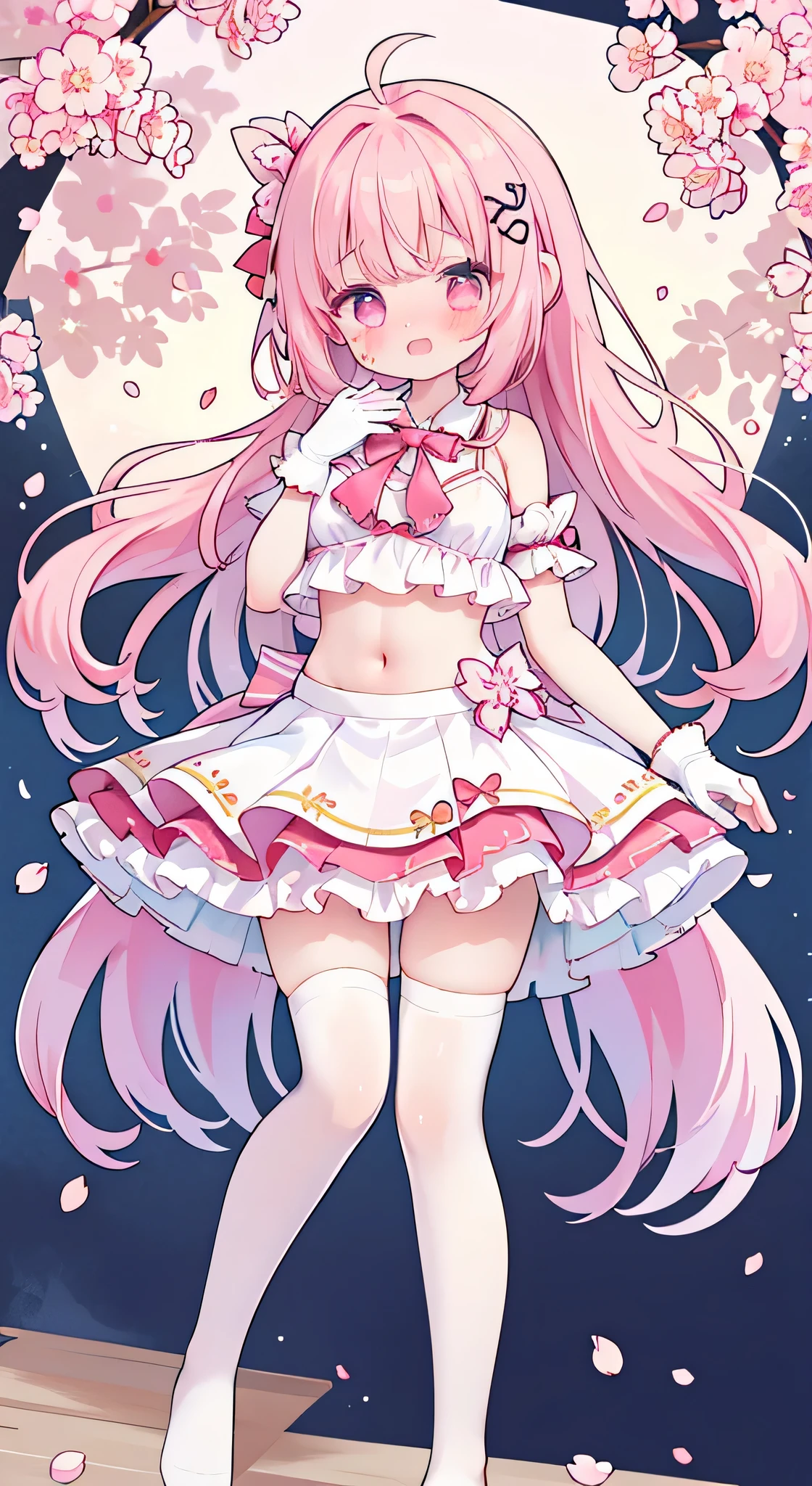 idol, yuri, bishoujo, masterpiece,best quality,official art,extremely detailed CG unity 8k wallpaper, Sakura pink hair,Cherry Blossom Hair Accessories,long hair, pink eyes, crying with eyes open, aqua eyes, beautiful detailed eyes, nose blush , shy, embarrassed , white legwear, white thighhighs, frilled socks, no shoes,white elbow gloves ,white half gloves , school swimsuit, bikini top only , pleated_skirt, lolita_fashion, school uniform, bare_shoulders, crop top,