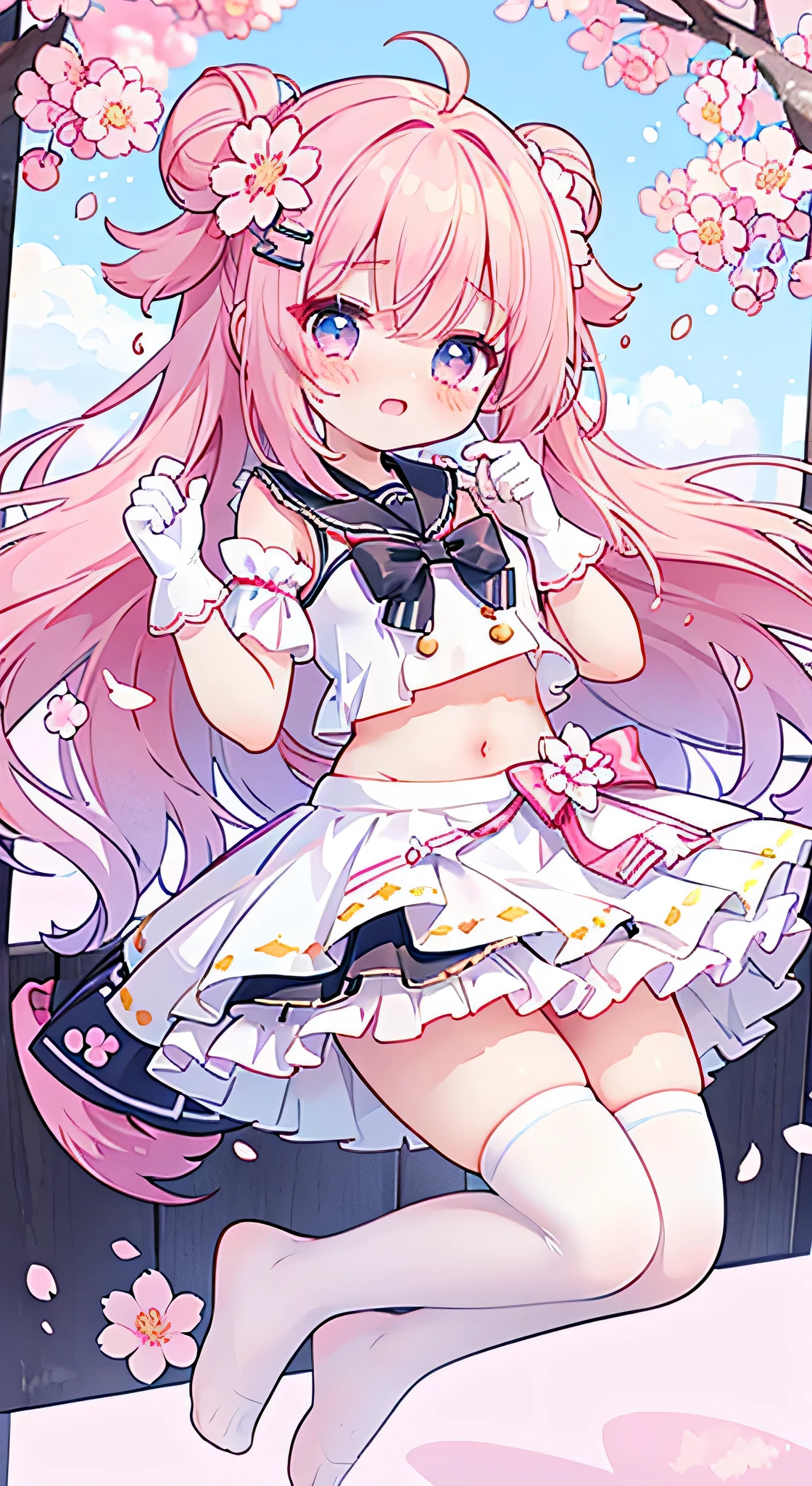 Girl with pink hair, long double-tailed hairstyle ((small pink bushy eyebrows)), lolicon, dressed in lolita dress, sunset lighting showing her body, very marked thigh gap, Thigh Gap, marked vagina, lifting her skirt to show her vagina wet with semen, thighs splashed with semen