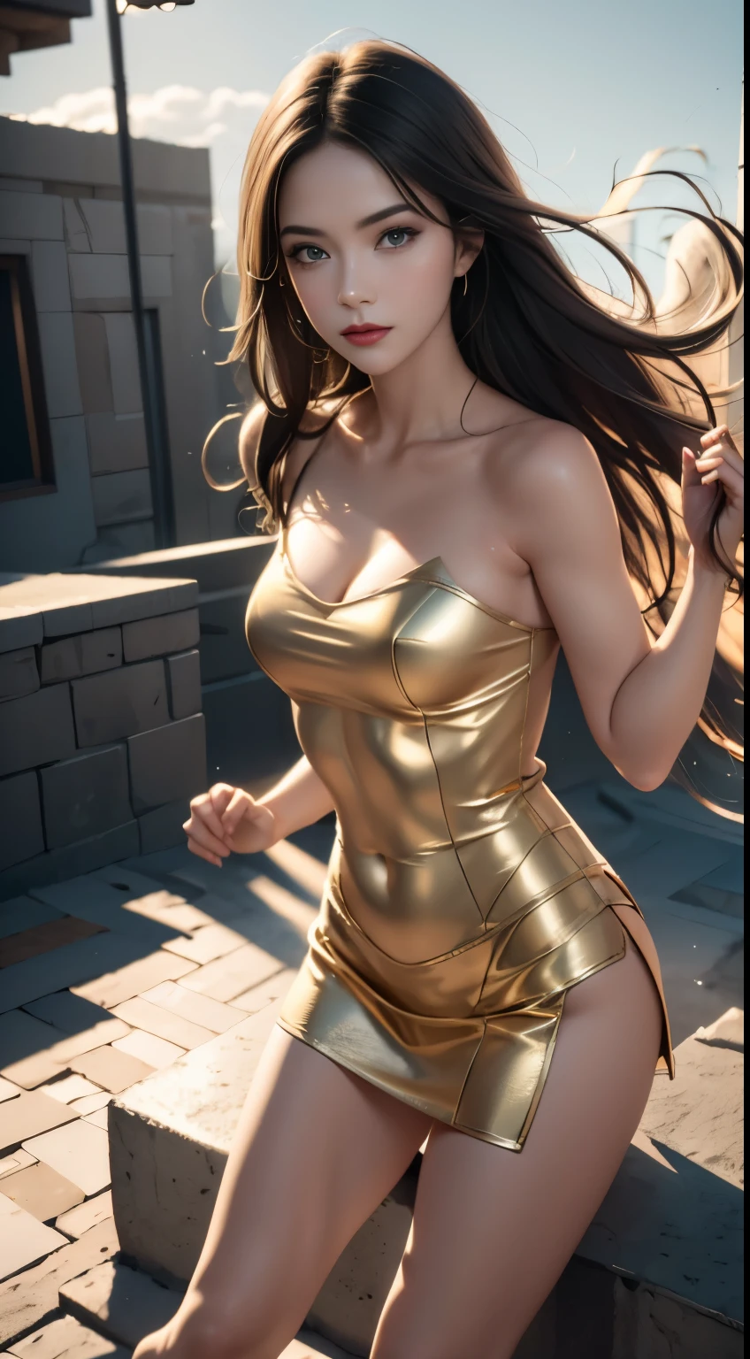 ((best quality)), ((masterpiece)), (detailed:1.4), 3D, Image of a beautiful Chinese fairy,Gold armor dress，Long black hair flutters in the wind，Full body portrait，Handheld weapons，HDR (High Dynamic Range),Ray Tracing,NVIDIA RTX,Super Resolution,Unreal 5,Subsurface scattering,PBR Textures,Post-Processing,Anisotropic filtering,Depth of Field,Maximum clarity and sharpness,Multi-layered textures,Albedo and Specular Maps,Surface Shading,Accurately simulate the interaction of light with materials,Perfect proportion,Octane Rendering,Two-color lighting,Large aperture,Low ISO,White Balance,Rule of Thirds,8K Native,