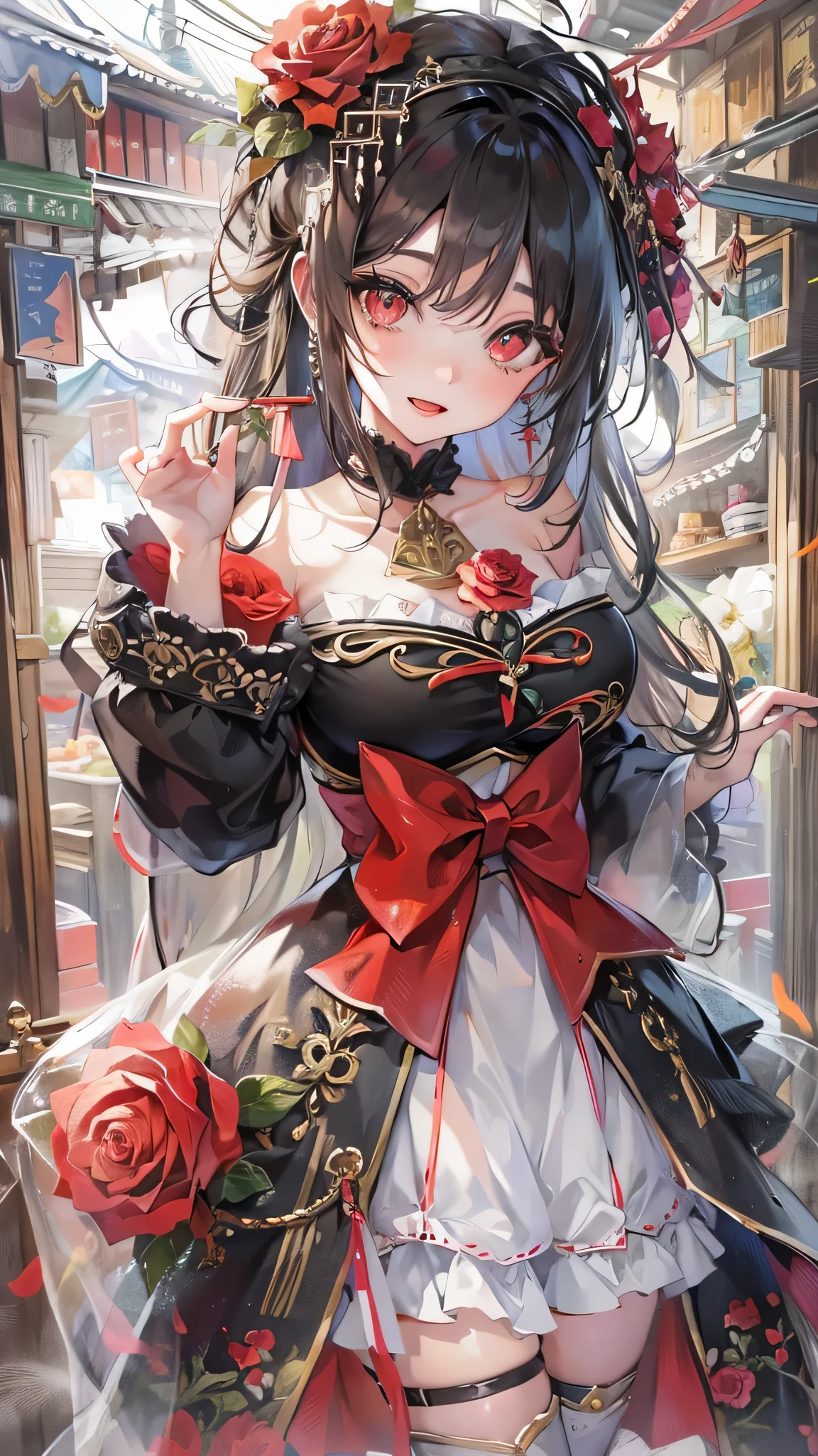 perfect anatomy, masterpiece:1.4, best highres, 16k, (the background is Hot Spring Town), ((background many hot spring with fog)) break,
(wide-angle, frontale:1.2) (hand holding a hot spring bans), (eating a Hot Spring Buns) (solo:1.3 straight black hair long hair femdom beautiful girl), ((18 yo)), (detailed beautiful red eyes), ((beautiful make up)), (sexy smile, open mouth), break, (in a Layered Off-the-shoulder dress with detailed red rose).