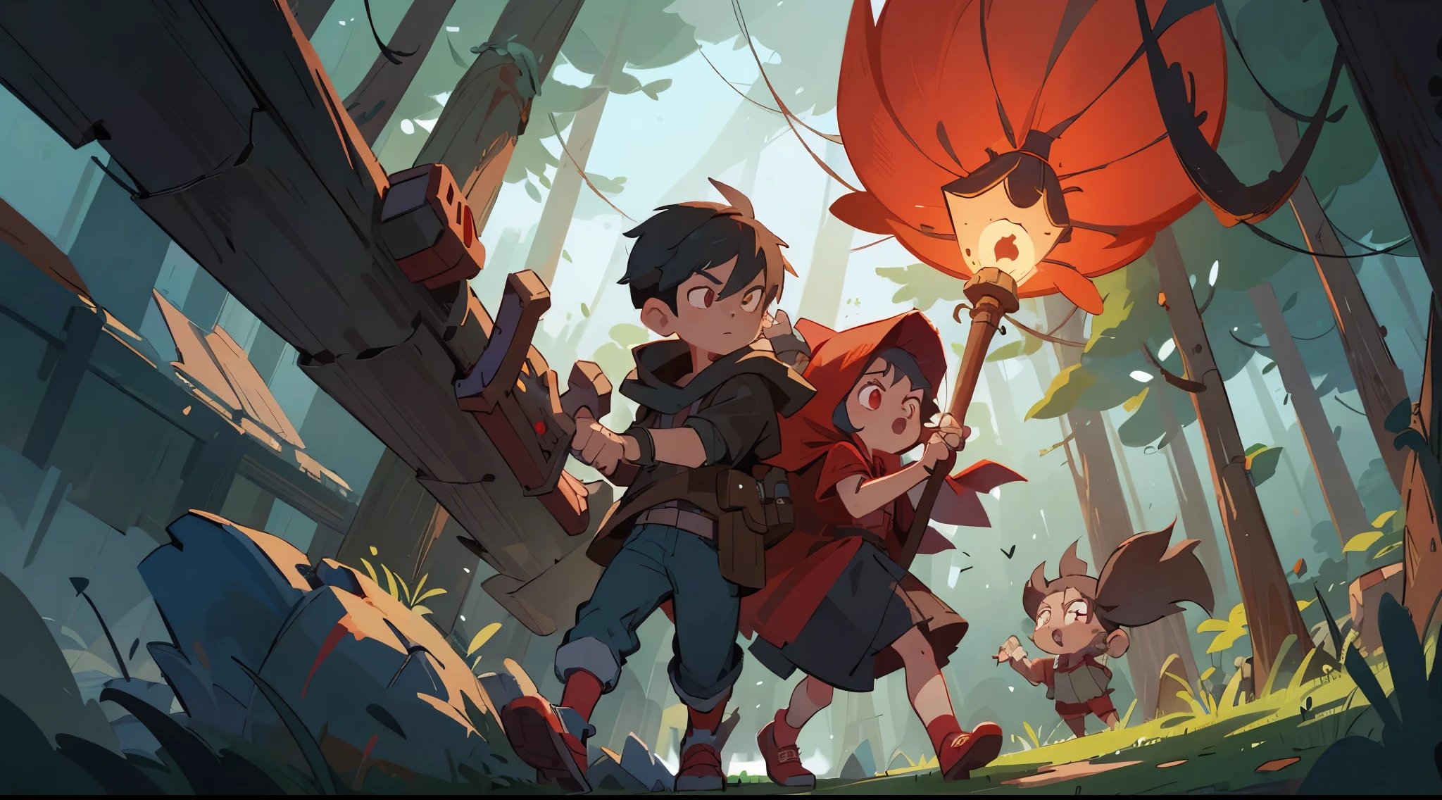Cartoon illustration of a boy and a girl holding torches in a dark room, thief little red riding hood, combat chaser, Scottie Young, Inspired by Johannes Helgesson, Key Art, red hood, fable, Dusk Ruins Explorer, Adventure Island, Medium shot of two characters, 2D game fanart, Maple Valley