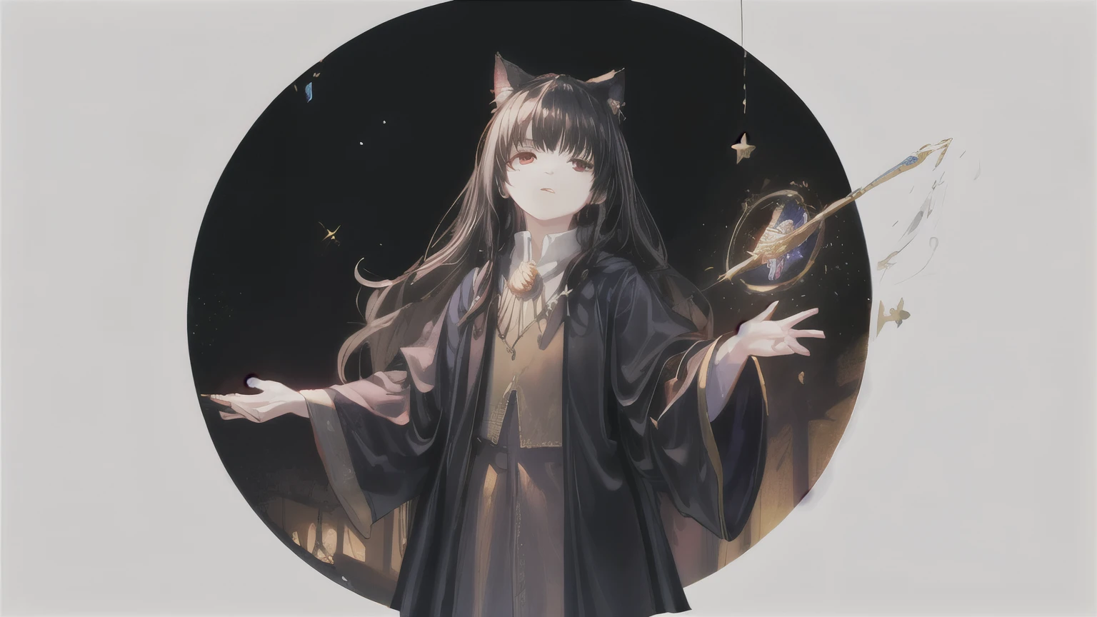 1girl long black hair with bangs and cat ears and red eyes in magic castle with blinking stars,Harry Potter y Van Gogh'the dream collaboration,Magic wand, magia, beautiful particles, capa negra con tonalidad rojas (Gryffindor logo), casa de Gryffindor tipo harry potter
