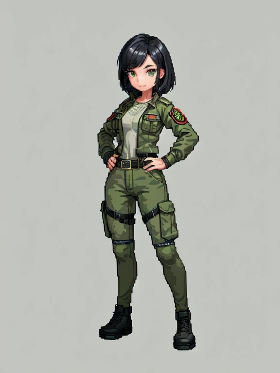 (masterpiece, top quality, best quality), pixel,pixel art,1girl,soldier,army,versity jacket,cargo pants,black hair,full body,