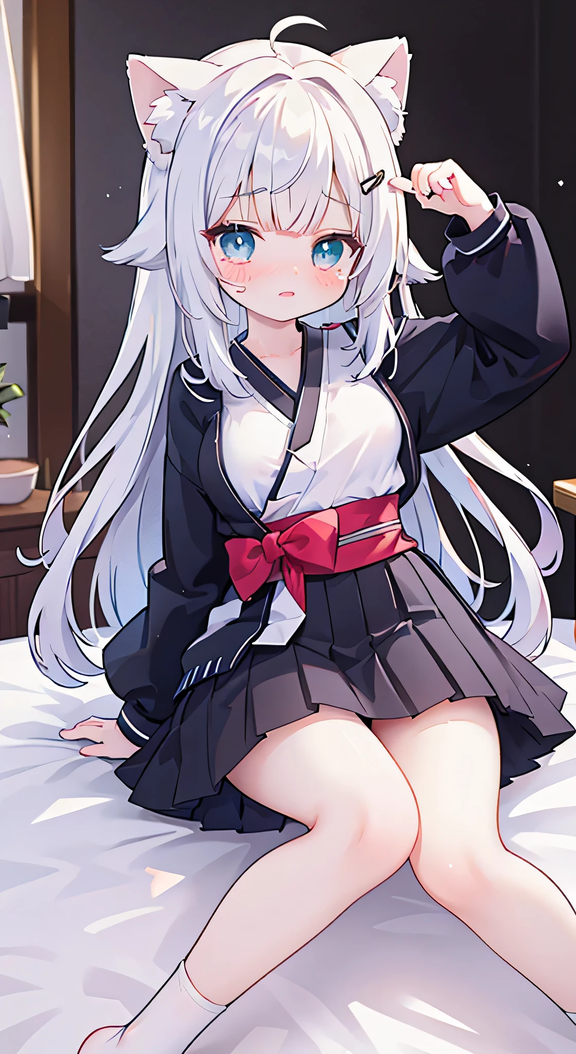 Adorable cute, Curly Hair, Soft Hair, Cute Bangs,Soft and fluffy white and black, Adorable, masterpiece、Best image quality、最high quality、 cryin ,Cute Characters, Most detailed, high quality、(missionary, 1boy, penis, lying, vaginale, ass pov, spread legs, Sex, nsfw)、nose blush、steam、Shiny Hair、Very fine and beautiful bright eyes、Very detailed, clear and beautiful face, Awards, Anatomically correct、((Scared))