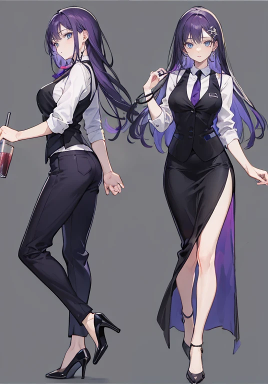 ((Perfect Face)),Purple Hair,voluminous long hair,1 female,bartender,suit,Black vest,Shirt with rolled up sleeves,tie,slit,High heels,,((Simple Background)),smile,((whole body)),((whole body)),Portraiture,virtual,upright,,Both arms are down,Standing upright with face and body facing forward,