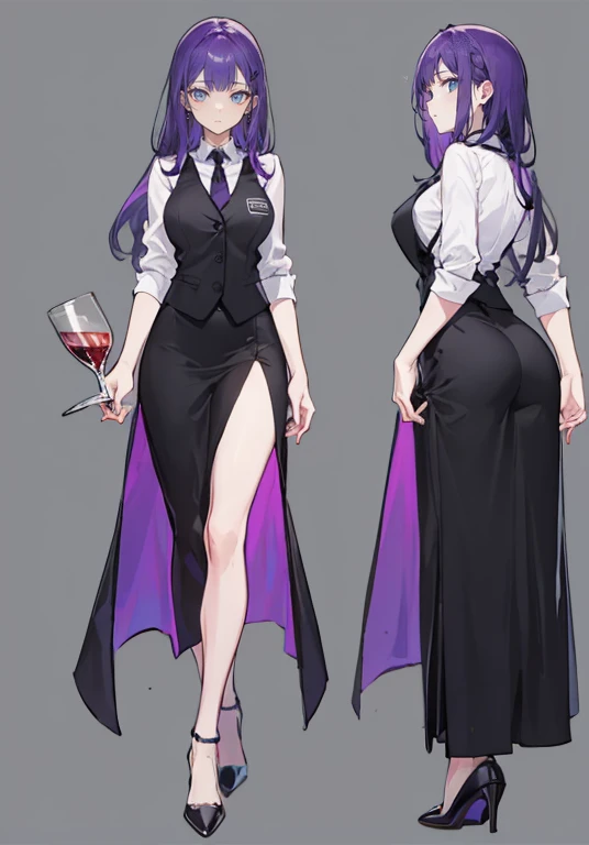 ((Perfect Face)),Purple Hair,voluminous long hair,1 female,bartender,suit,Black vest,Shirt with rolled up sleeves,tie,slit,High heels,,((Simple Background)),smile,((whole body)),((whole body)),Portraiture,virtual,upright,,Both arms are down,Standing upright with face and body facing forward,