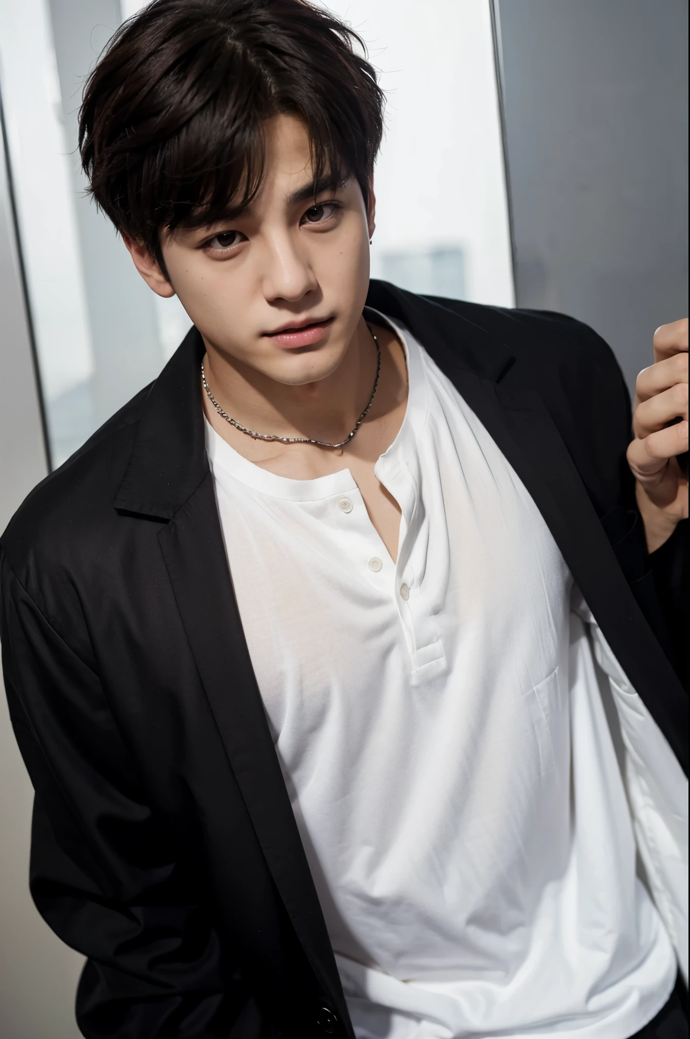 BTS Jungkook in black jacket and white shirt 