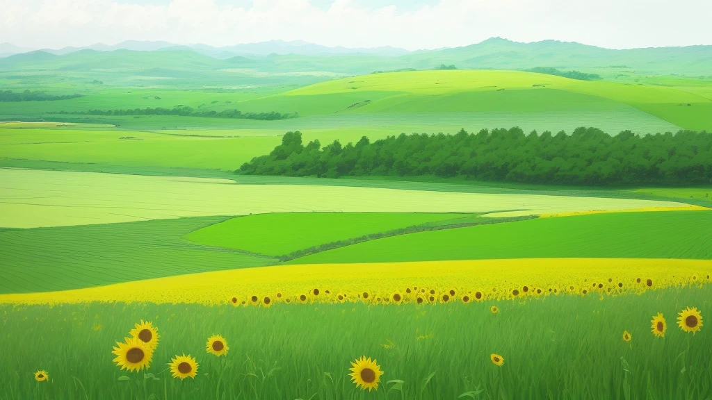 画中描绘的是一片grassland，White flowers and trees in the background, 绿色grassland, lush field, green fields, Field background, 绿色grasslands, 背景中的grassland, green fieldss in the background, Painted landscapes, grasslands, grassland, airy landscape, in a open green fields, grassland景觀, anime rural scenery, green fieldss, Anime Landscape,grassland上有To the right的sunflower，sunflower，，To the right
