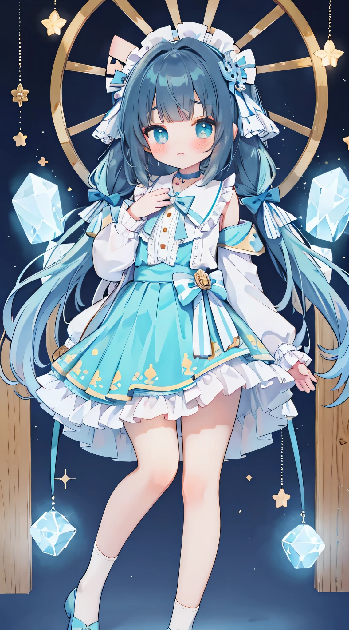 idol, yuri, bishoujo, masterpiece,best quality,official art,extremely detailed CG unity 8k wallpaper, black hair, medium hair, light blue hair, side braid, blunt bangs, snowflake hair accessories,Ice blue color,nose blush , shy, embarrassed , aqua eyes, beautiful detailed eyes, aqua eyes, Light blue shirt sweater,Super short white skirt,nose blush , shy, embarrassed , aqua eyes, beautiful detailed eyes, aqua eyes, loose socks, white kneehighs, mary_janes, uwabaki, Ice blue bow on chest,White skin,Extend your feet to the audience,Pink jade feet,Loving eyes,Puberty,First Love