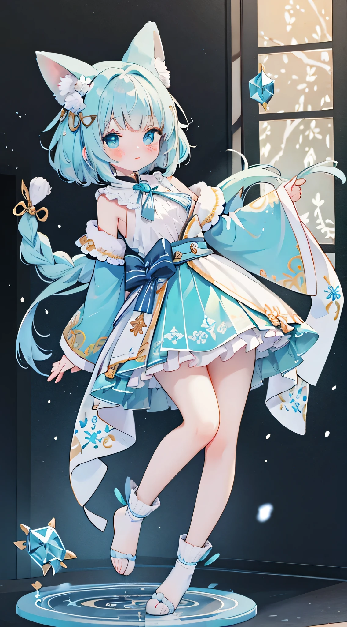 idol, yuri, bishoujo, masterpiece,best quality,official art,extremely detailed CG unity 8k wallpaper, black hair, medium hair, light blue hair, side braid, blunt bangs, snowflake hair accessories,Ice blue color,nose blush , shy, embarrassed , aqua eyes, beautiful detailed eyes, aqua eyes, Light blue shirt sweater,Super short white skirt,nose blush , shy, embarrassed , aqua eyes, beautiful detailed eyes, aqua eyes, loose socks, white kneehighs, mary_janes, uwabaki, Ice blue bow on chest,White skin,Extend your feet to the audience,Pink jade feet,Loving eyes,Puberty,First Love