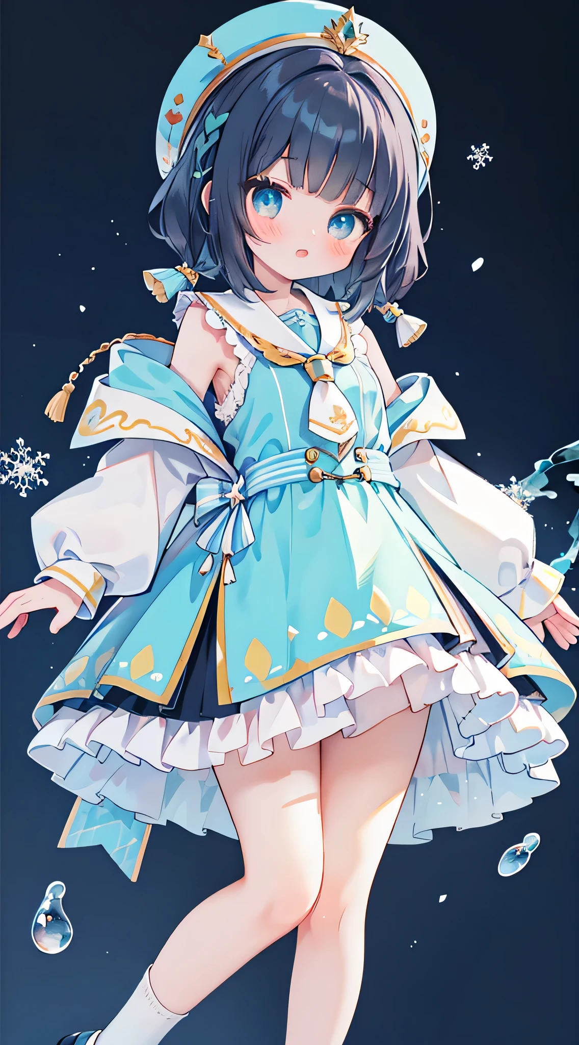 idol, yuri, bishoujo, masterpiece,best quality,official art,extremely detailed CG unity 8k wallpaper, black hair, medium hair, light blue hair, side braid, blunt bangs, snowflake hair accessories，Ice blue color，nose blush , shy, embarrassed , aqua eyes, beautiful detailed eyes, aqua eyes, Light blue shirt sweater,Super short white short short short short skirt，nose blush , shy, embarrassed , aqua eyes, beautiful detailed eyes, aqua eyes, loose socks, white kneehighs, mary_janes, uwabaki, There is an ice blue bow on the chest,White skin，Stretch your feet in white schoolgirl princess socks toward the audience，The socks are of high quality and have high transparency，Pink jade feet，Loving eyes，Puberty，First Love，